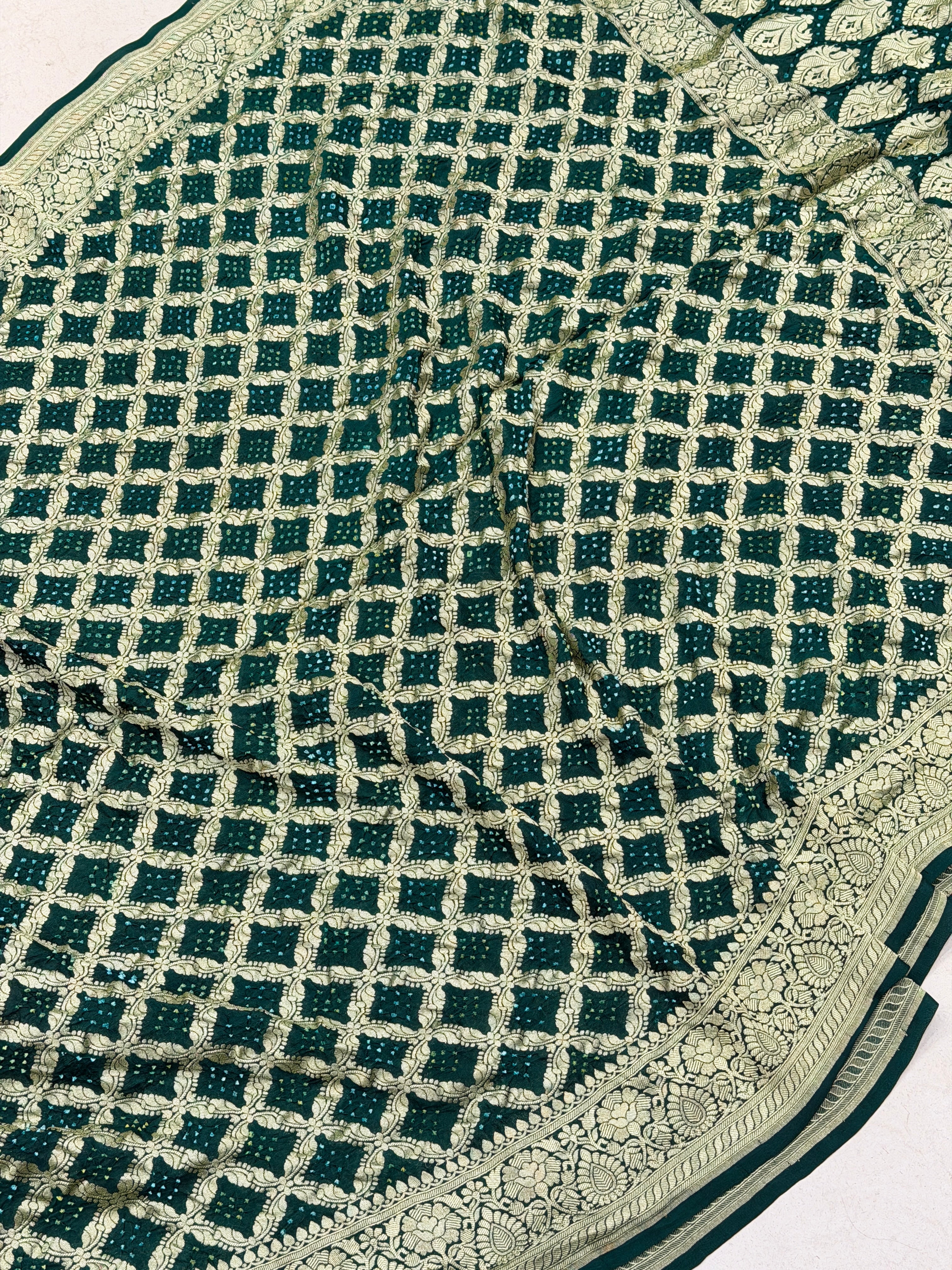 Bottle Green Georgette Handloom Bandhej Bandhini Saree