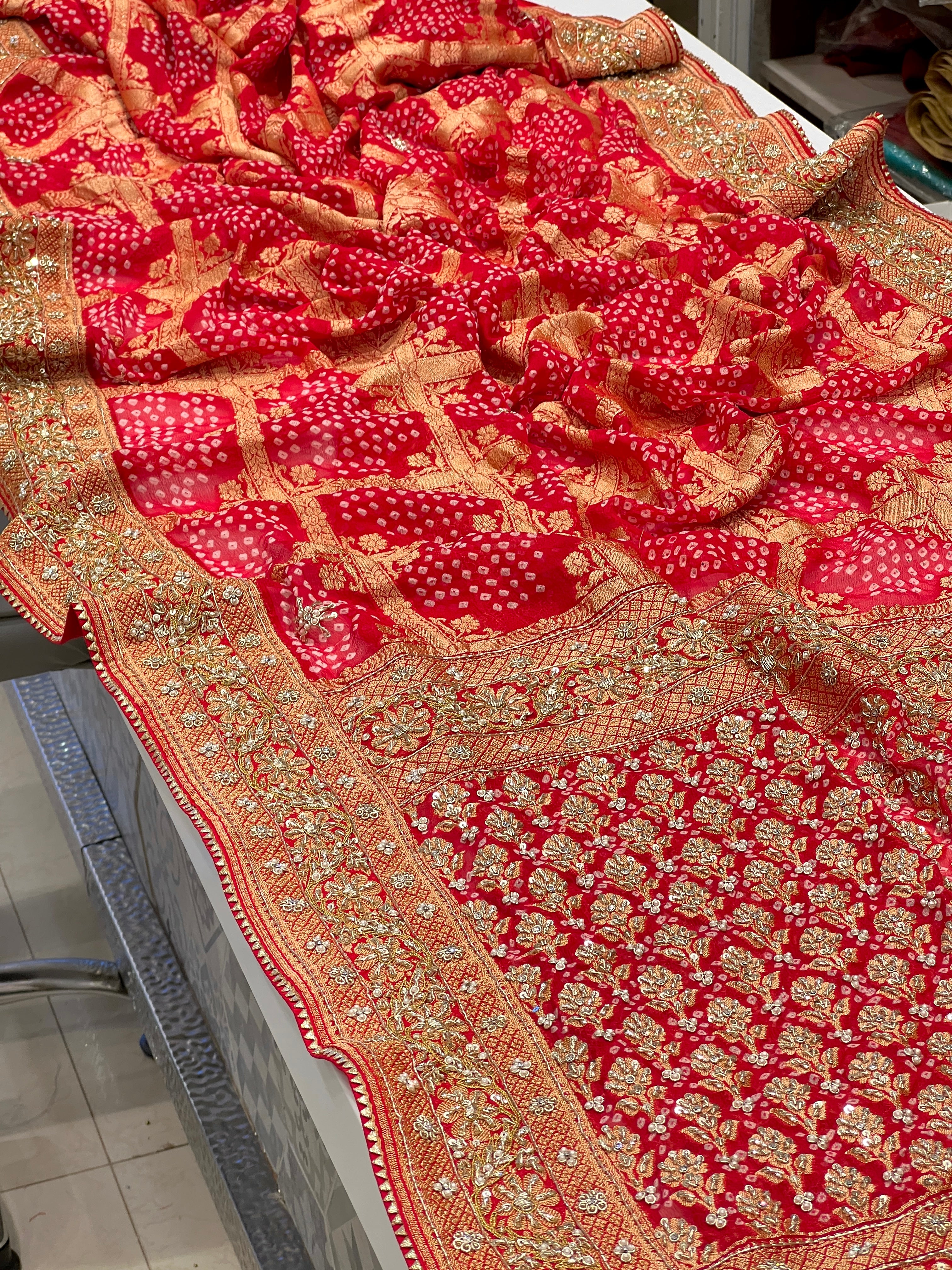 Red Bandhej Checks Design Zardosi  Embroidery Saree