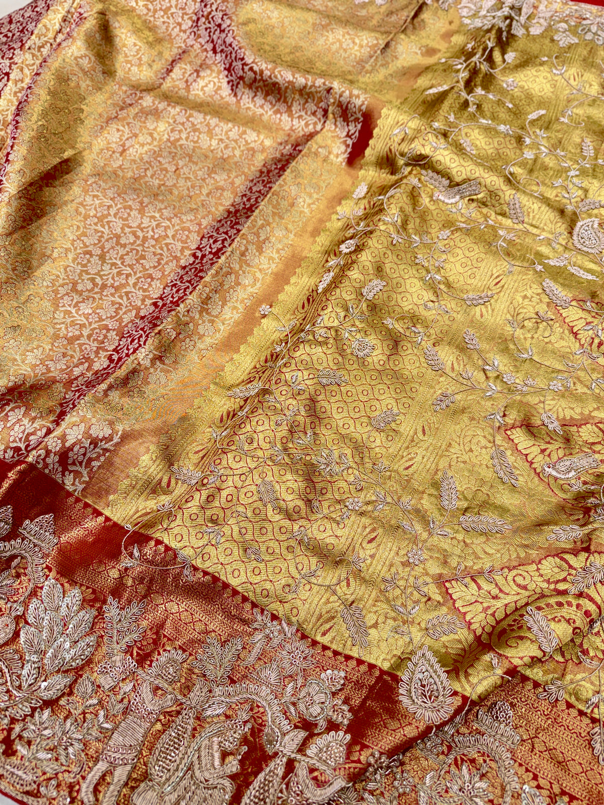 Red Tissue Kanjivaram Zardosi Doli Hand Embroidery Saree