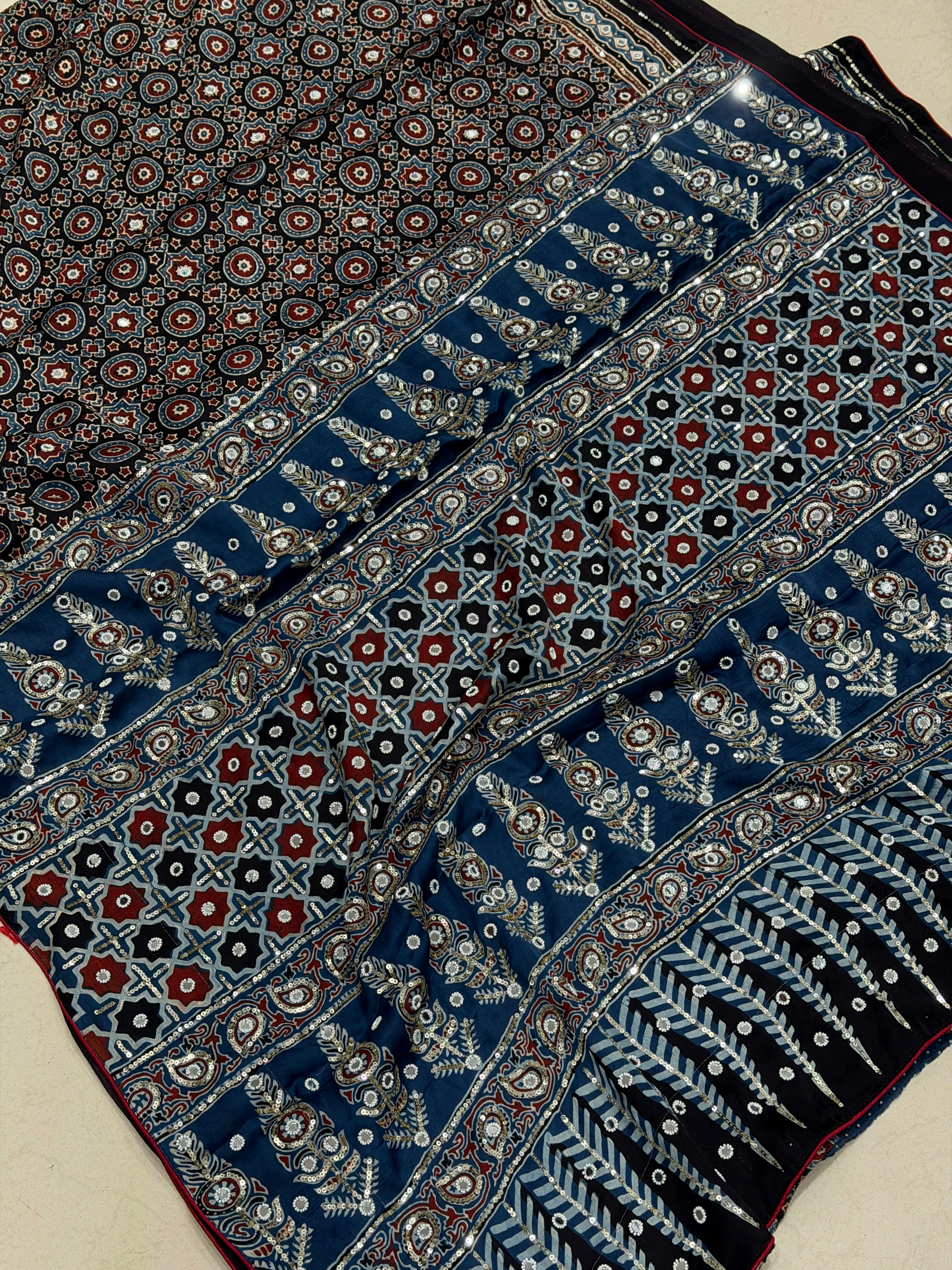 Blue Black Ajrakh Jaal Real Mirror Moti Sequin Hand Embroidery Saree