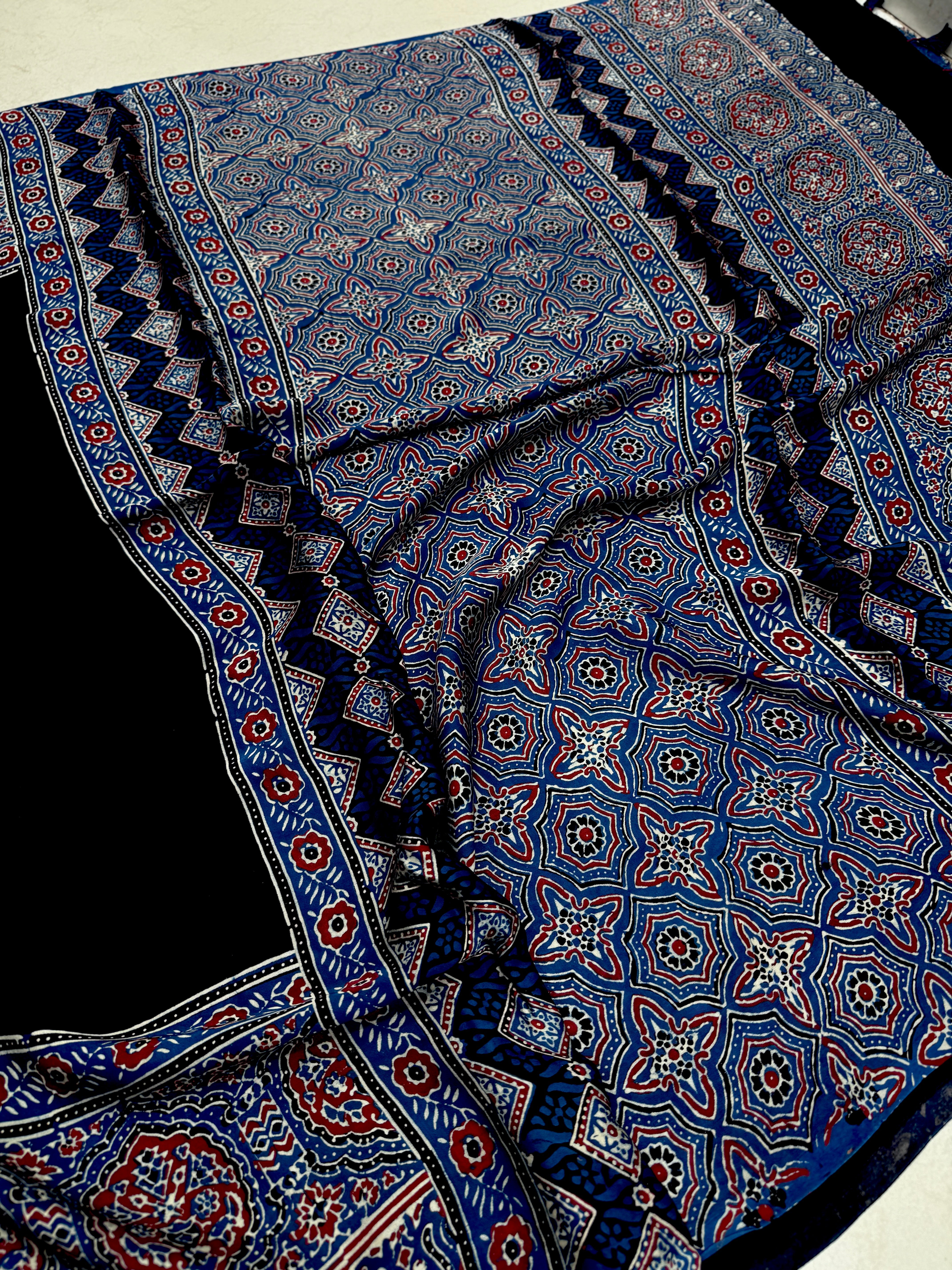 Black Plain Border Hand Block Print Ajrkah Pure Gajji Silk Saree