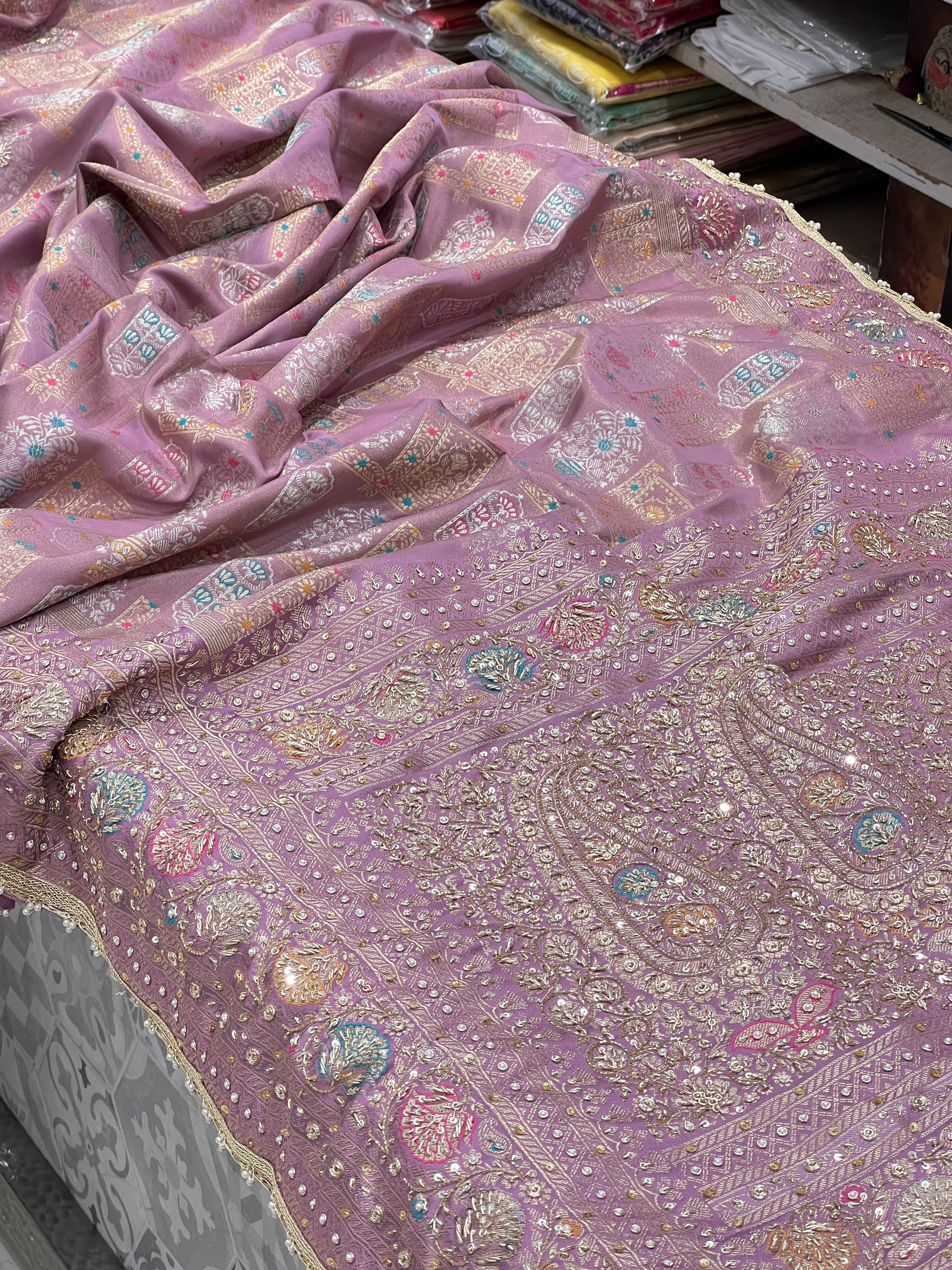 Lilac Tissue Banarasi Hand Embroidery Saree