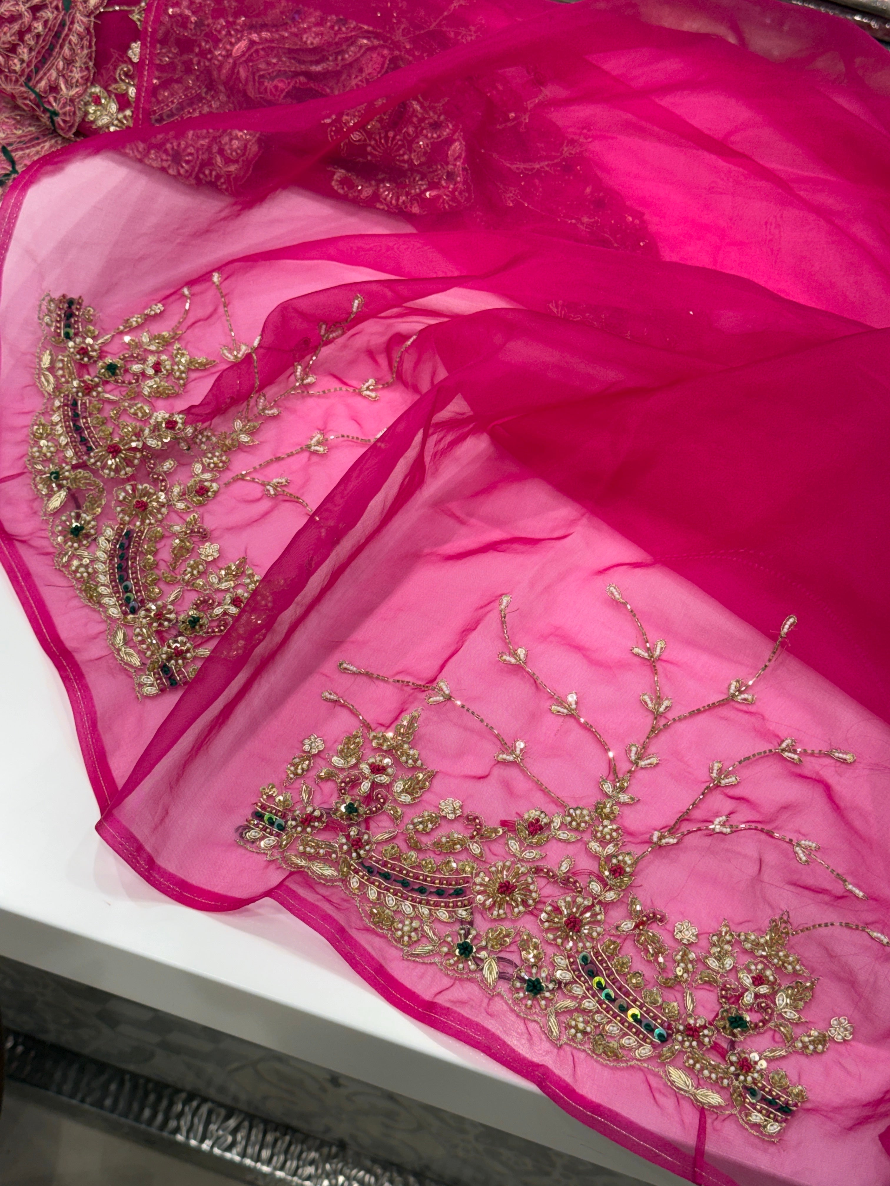 Rani Pink Organza Zardosi Resham Hand Embroidery Saree