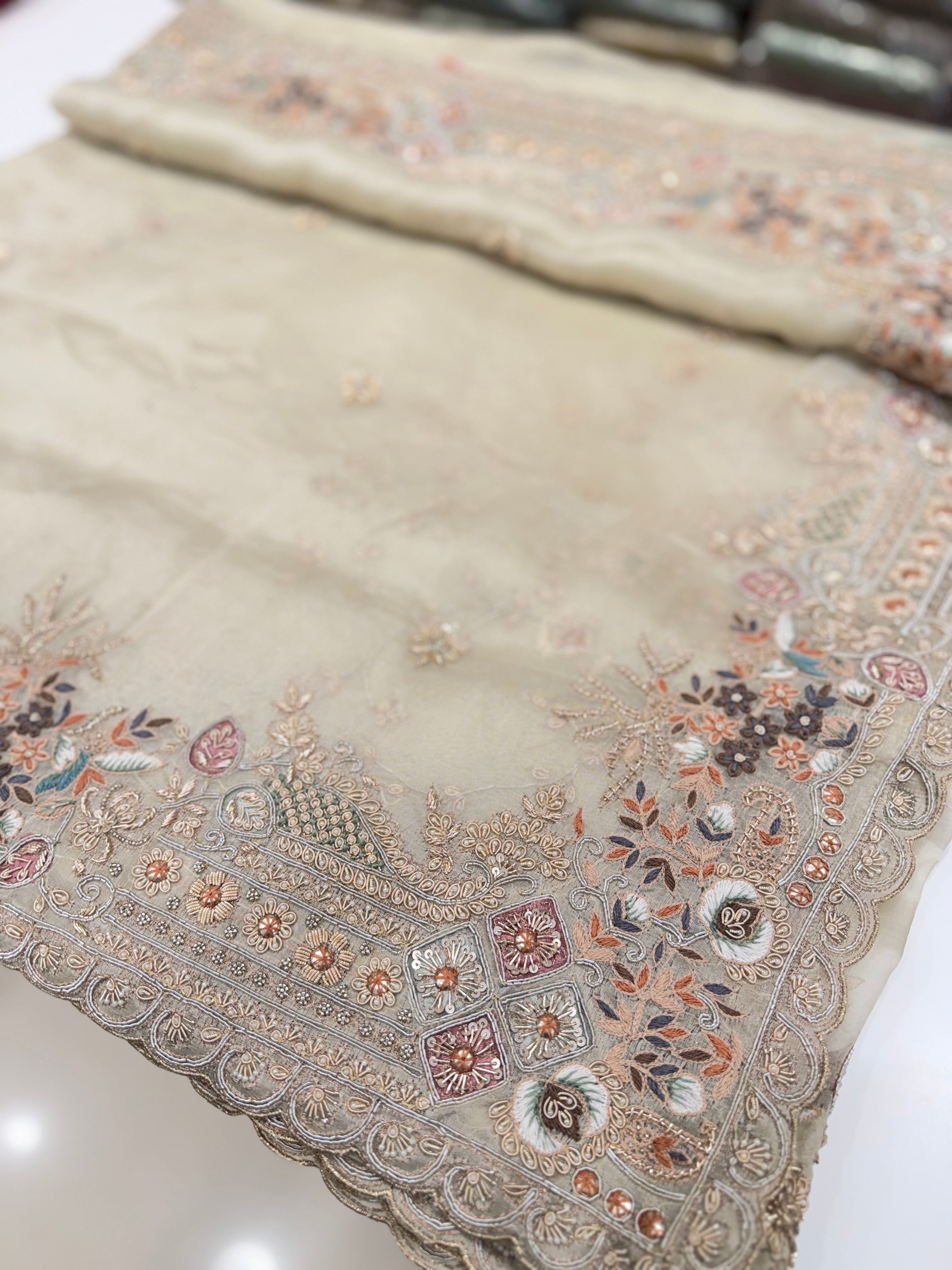 Moti White Organza Border Zardosi Resham Hand Embroidery Saree