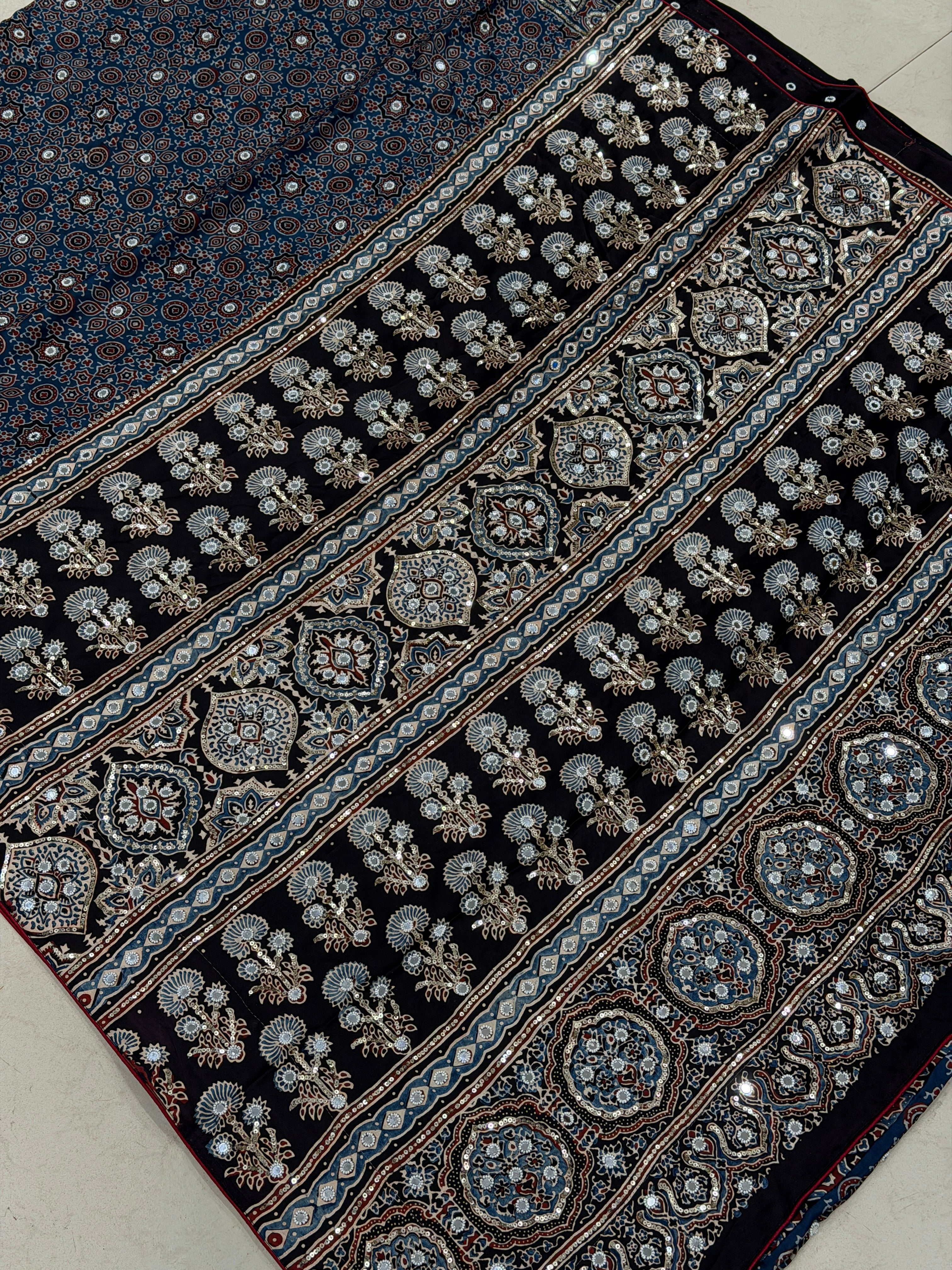 Blue Ajrakh Jaal Moti Sequin Ajrakh Hand Embroidery Saree