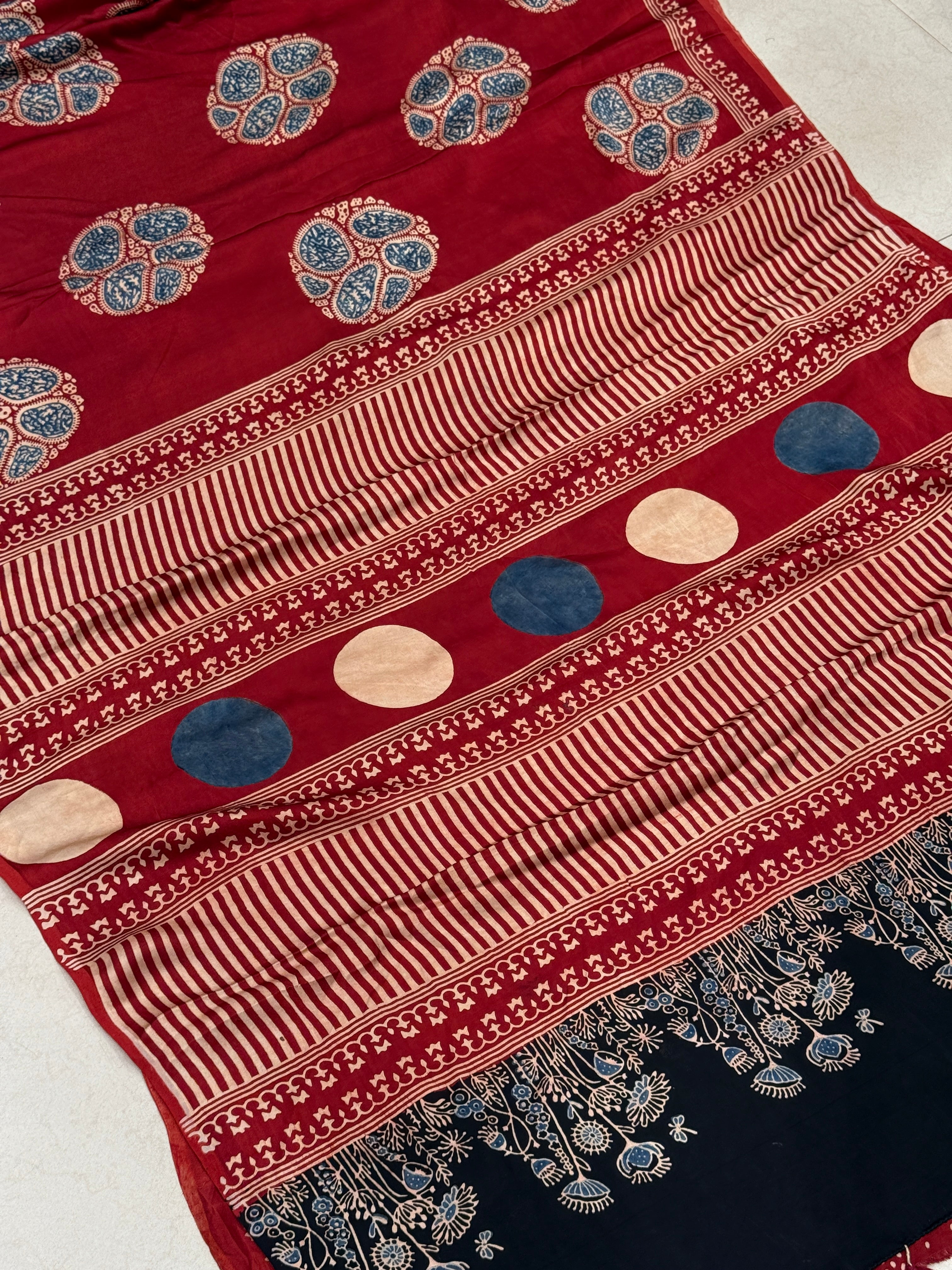 Red Ajrakh Blue Butta Hand Block Print Pure Gajji Silk Saree