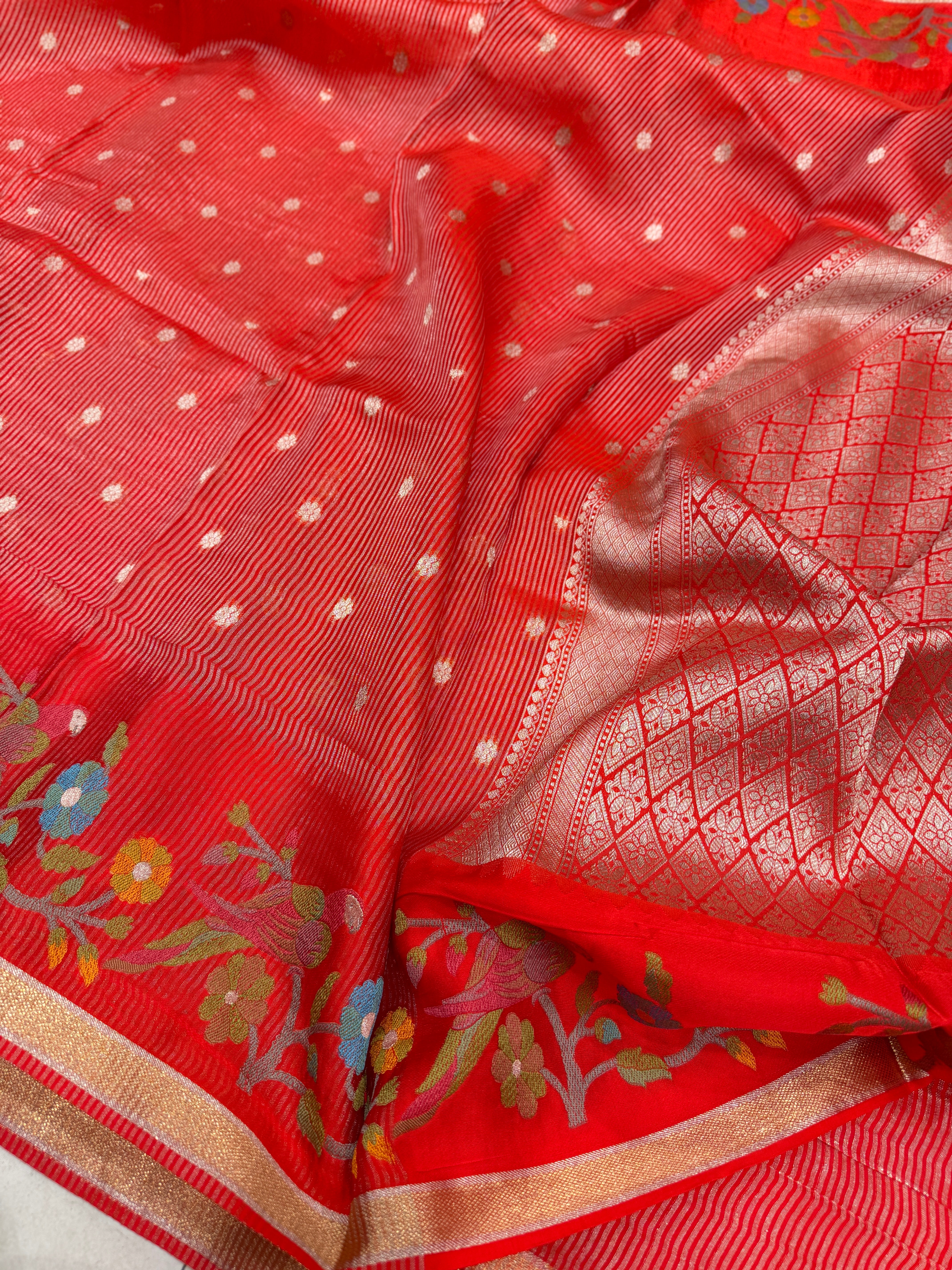 Red Contemporary Tissue Parsi Petit Point Weaved Saree