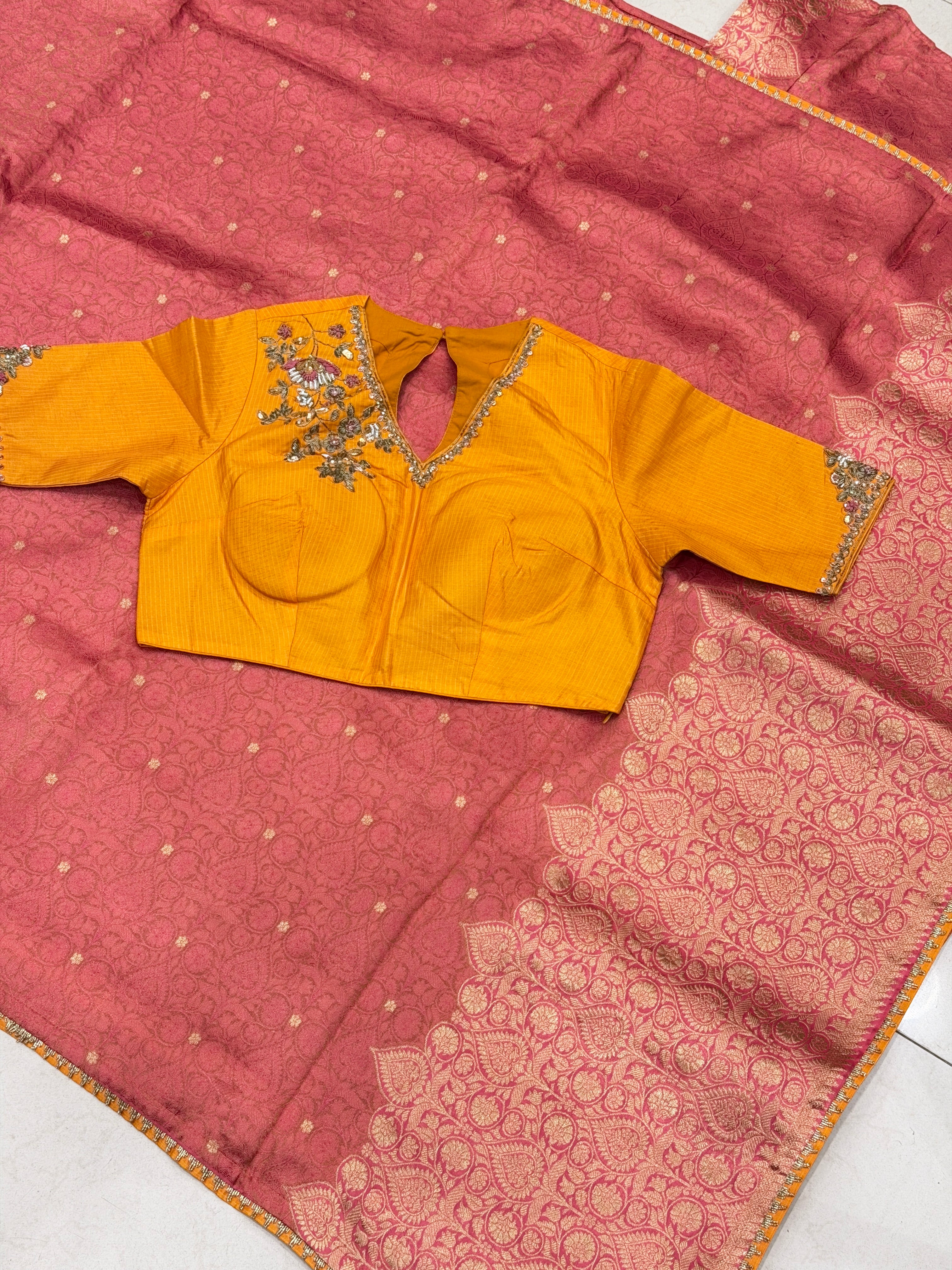 Pink Crepe Weaved Saree with contrast zardosi blouse saree