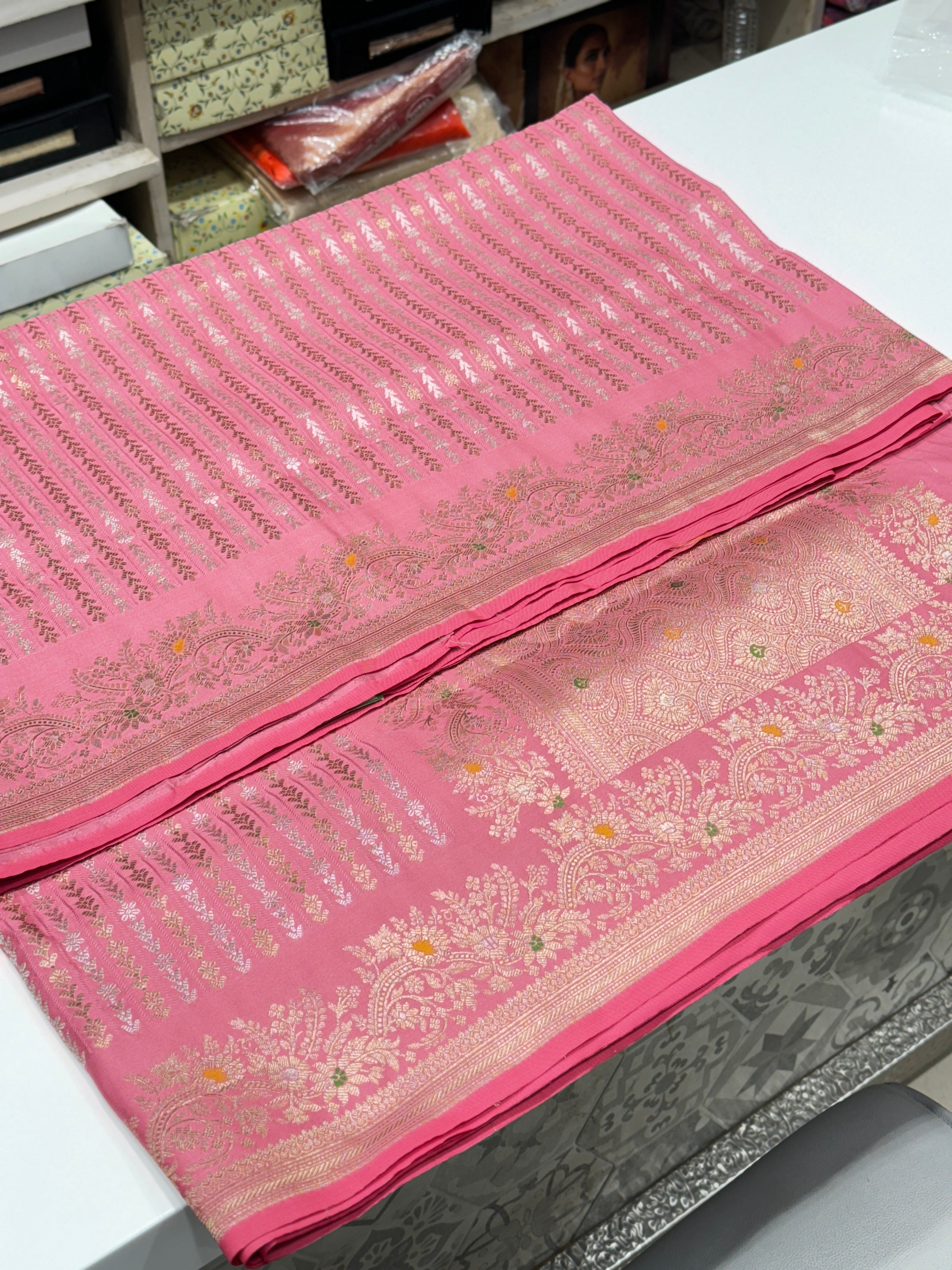 Pink Banarasi Line Weave Saree