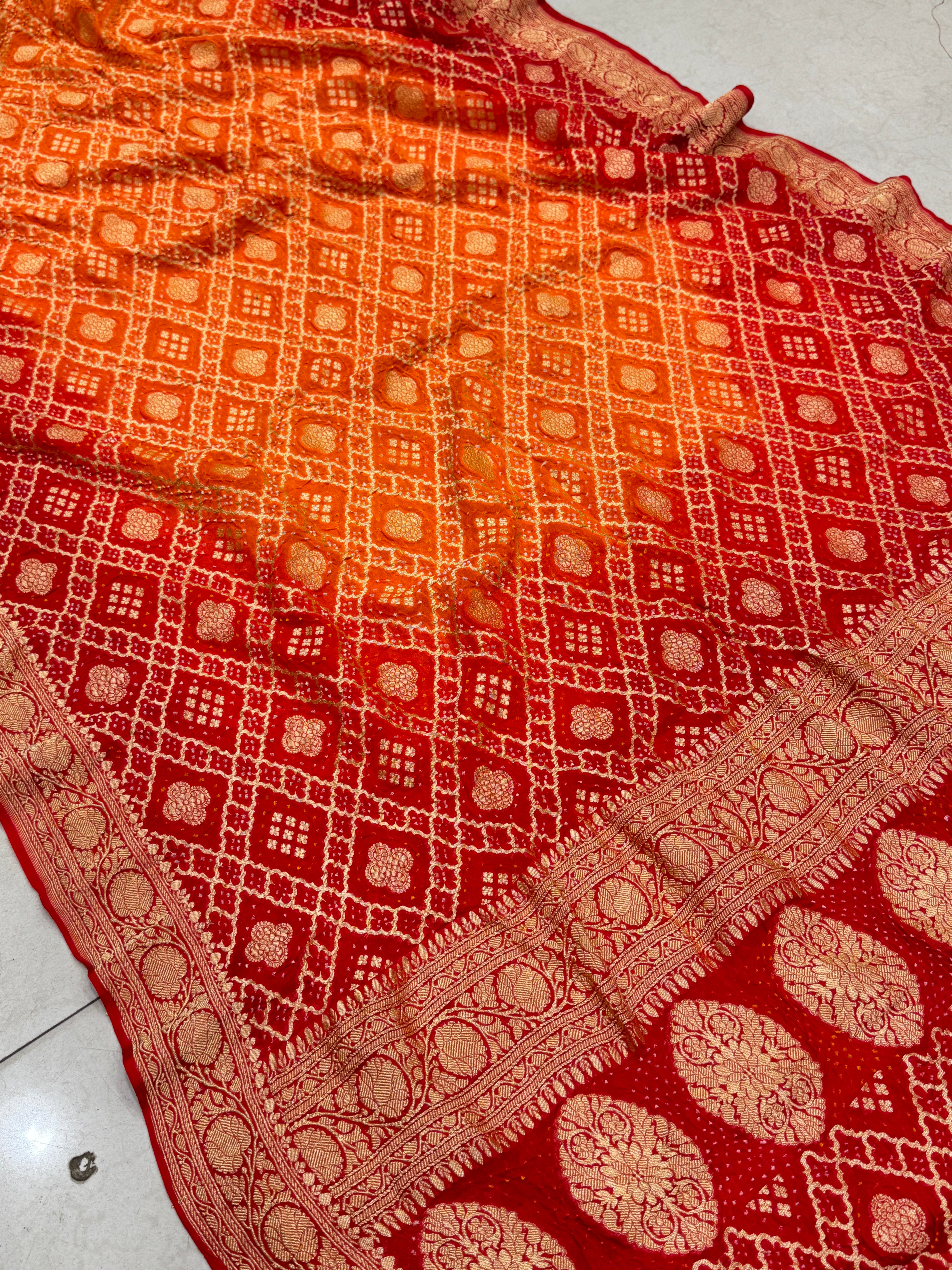 Orange Red Shaded Bandhej Bandhini Saree