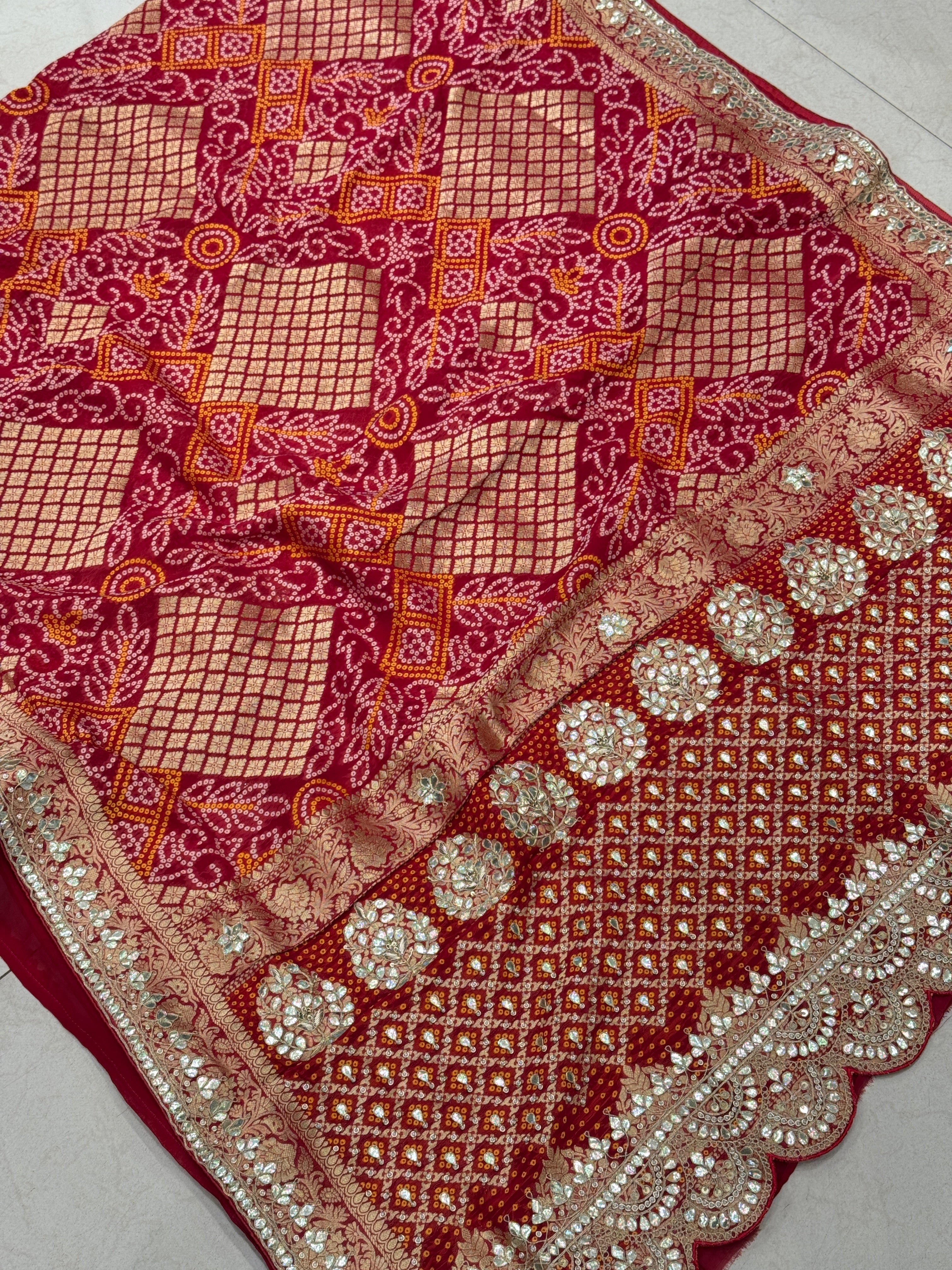 Red Woven Bandhej Gotapatti Saree