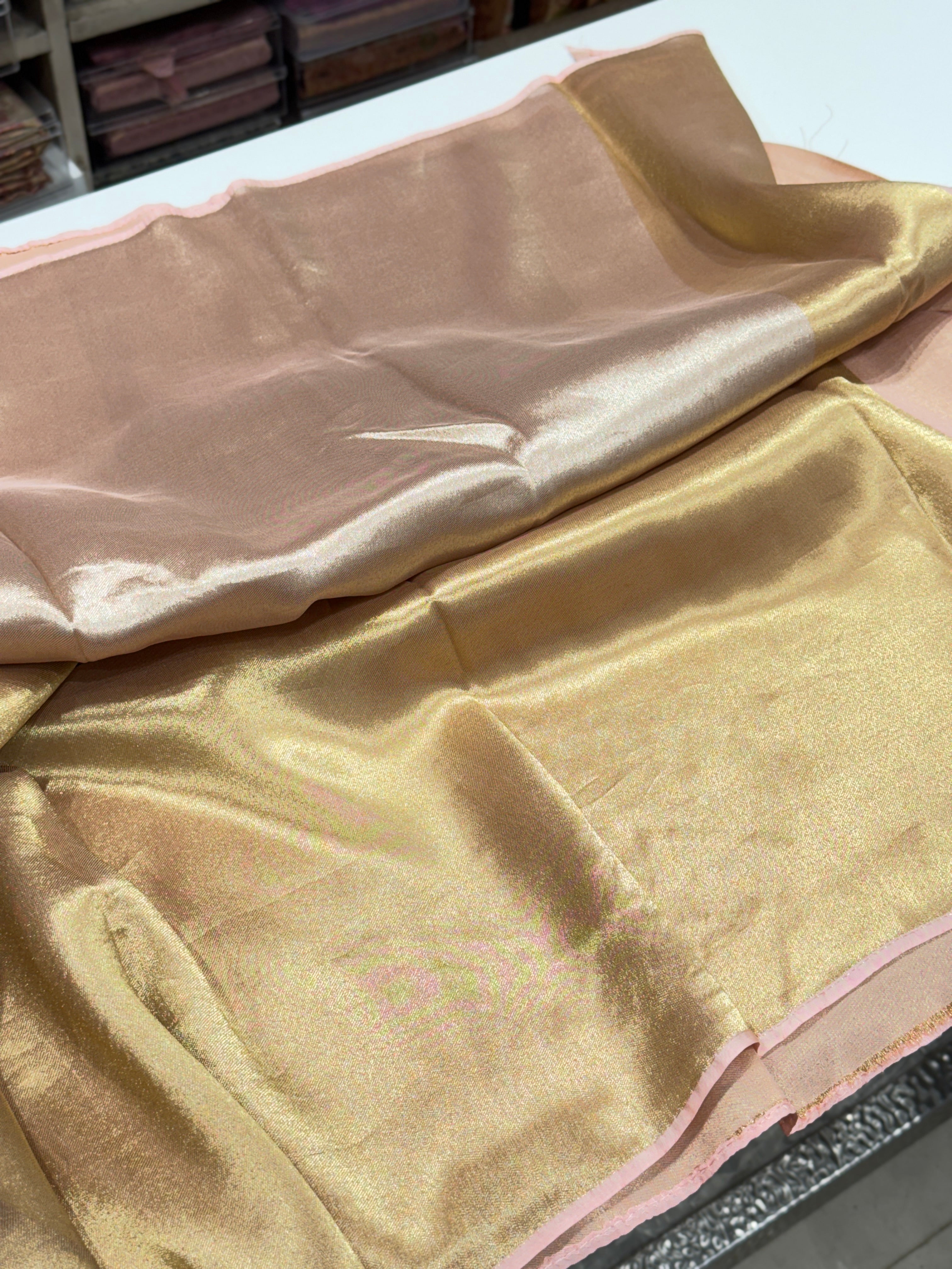 Light Pink Gold Silver Half Half Contemporary Banarasi Tissue Silk Saree