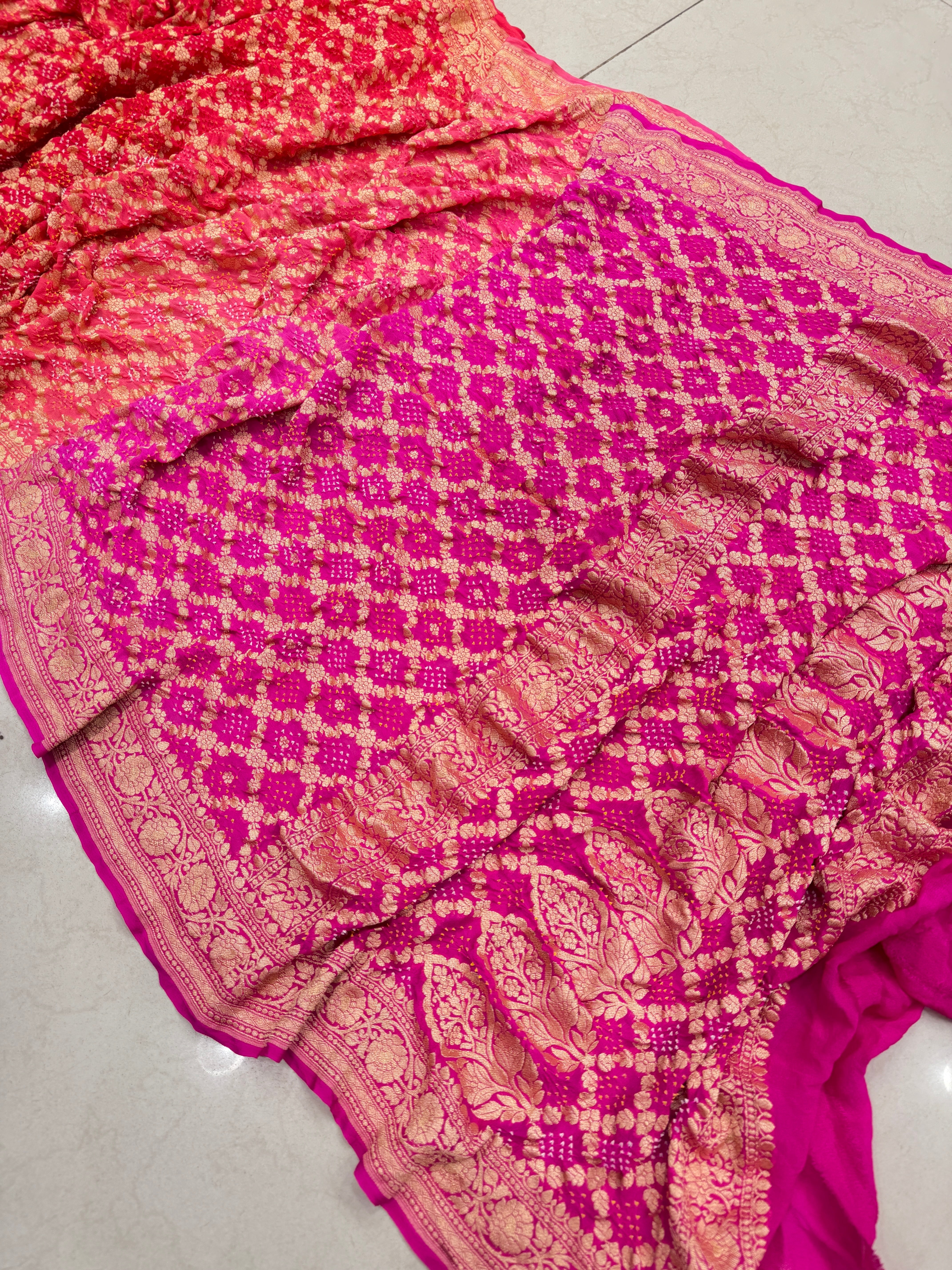 Six Shaded Butti Jaal Bandhej Bandhini Saree
