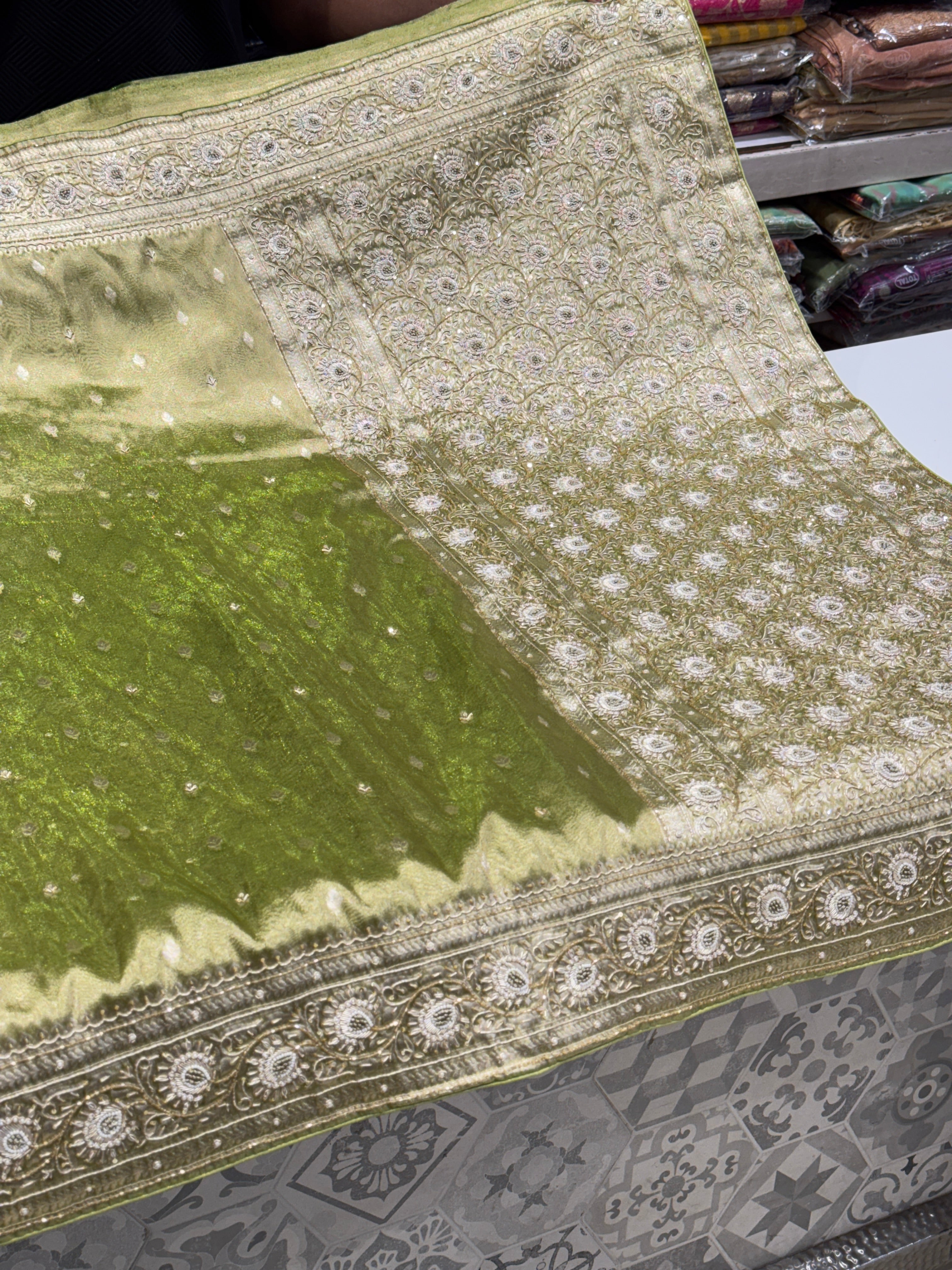 Green Banarasi Tissue Zardosi Embroidery Saree