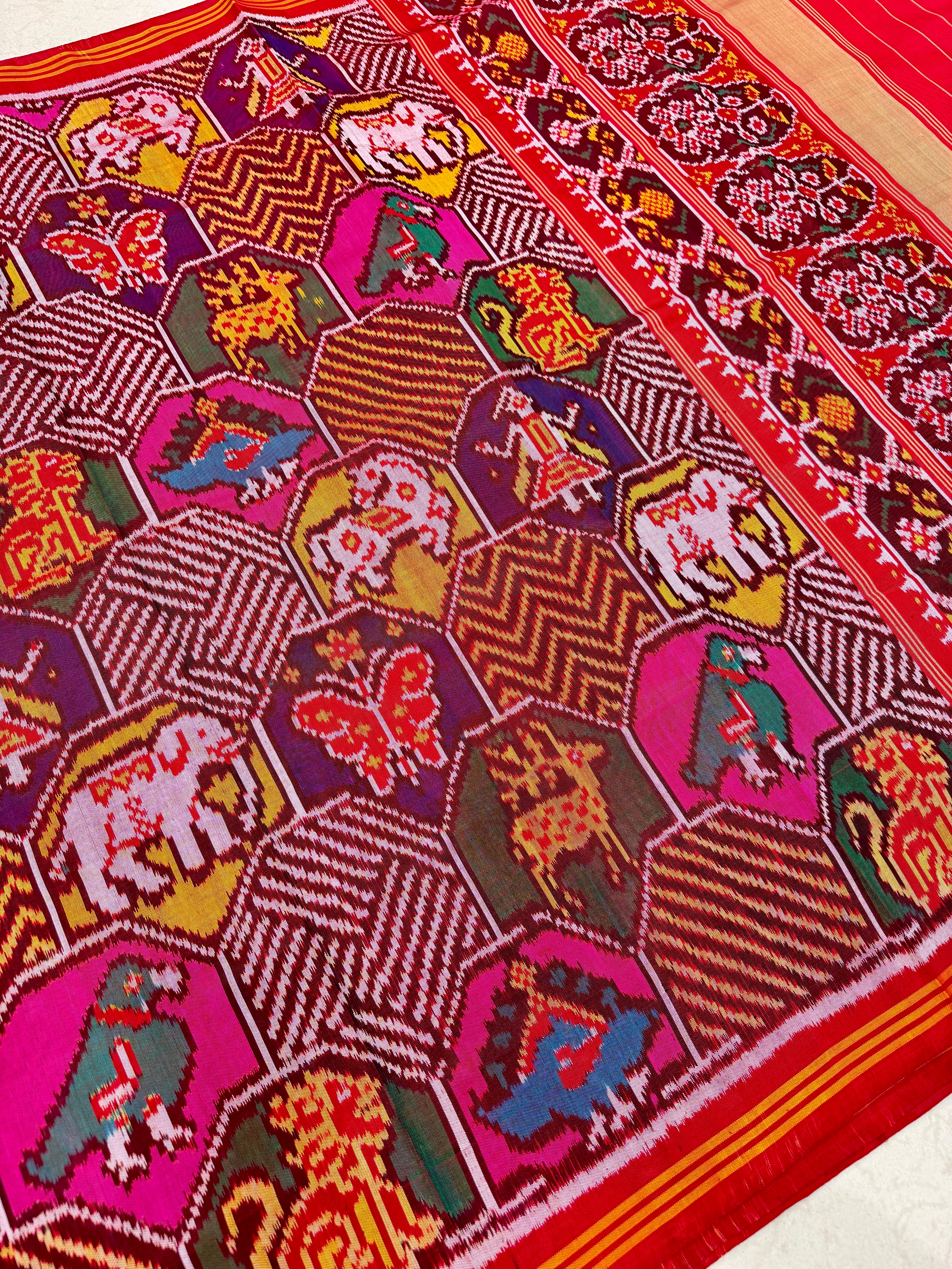 Rani Contemporary Elephant Motifs Pure Silk Handloom Patola Saree