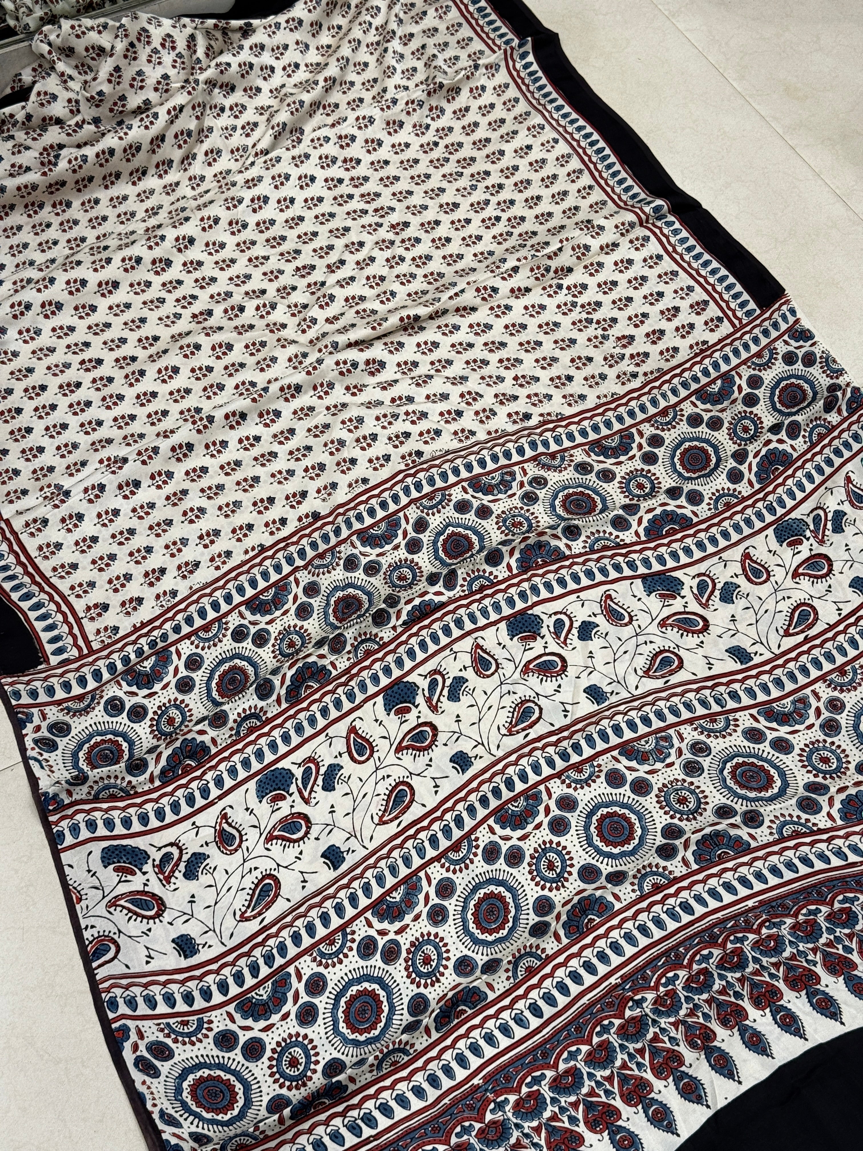 White Blue Buttis Ajrakh Block Print Hand Pure Gajji Silk Saree