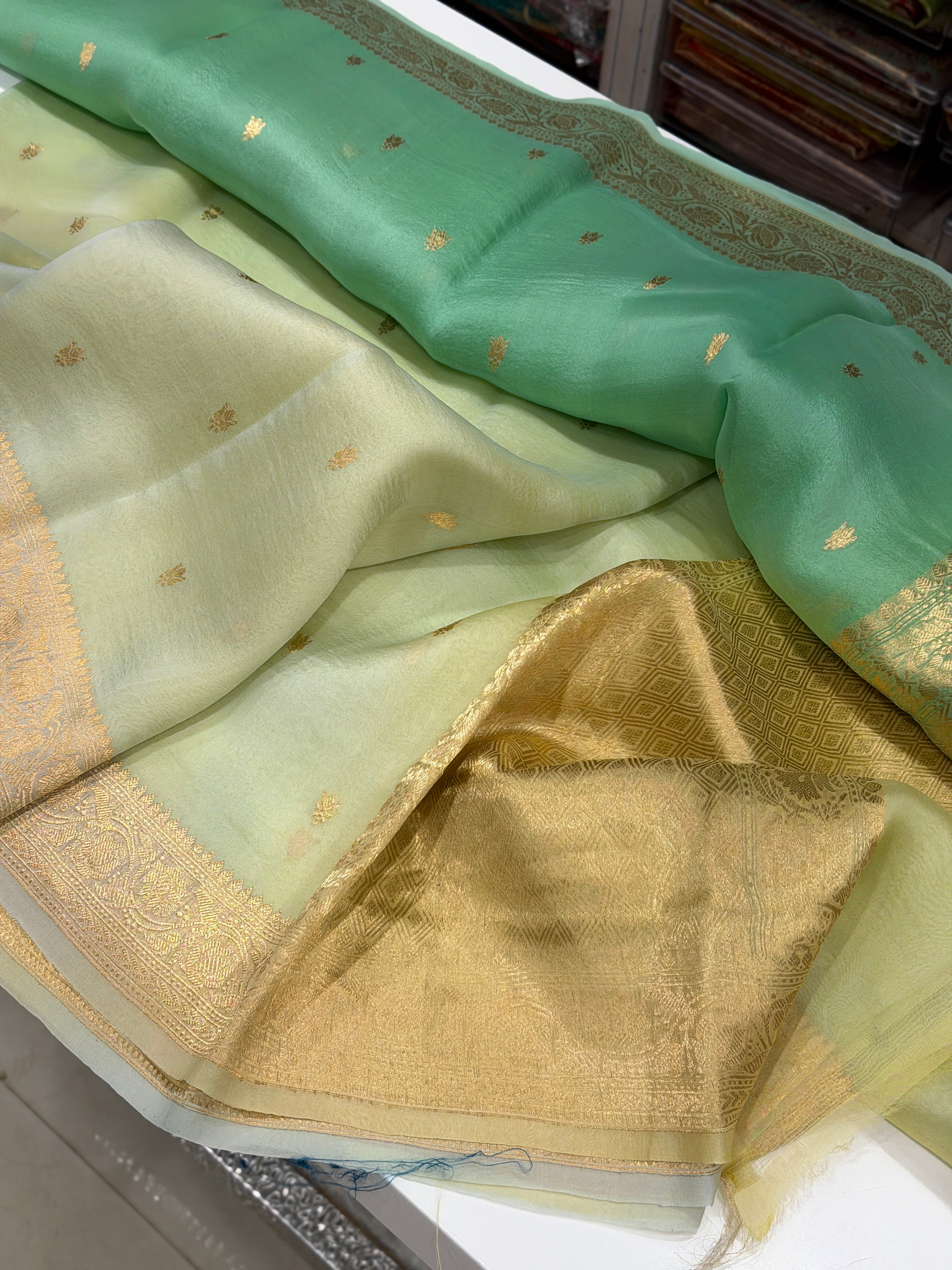 Green Shaded Banarasi Handloom Kora Saree