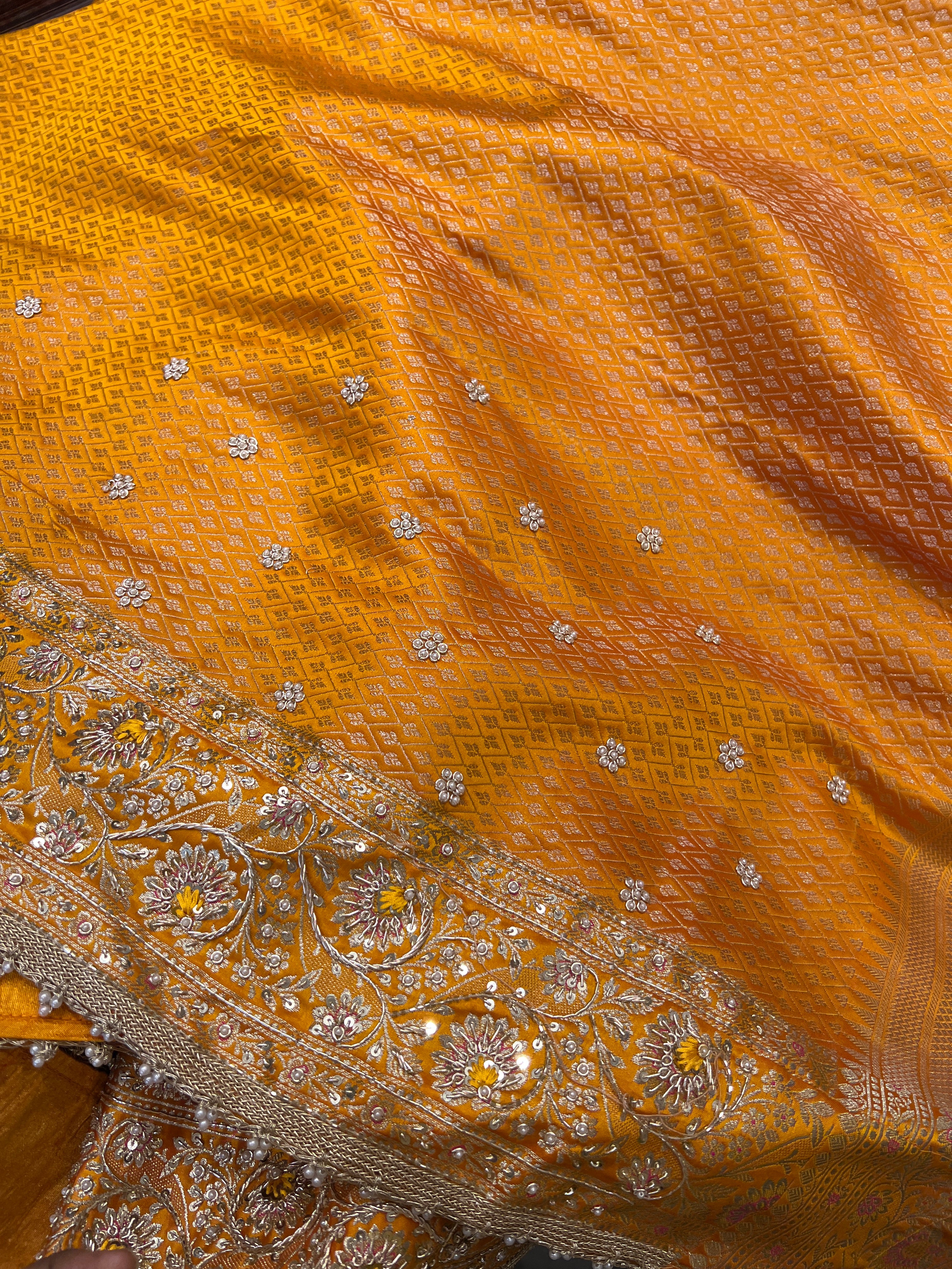 Mango Yellow Banarasi Upside Down Resham Zardosi Hand Embroidery