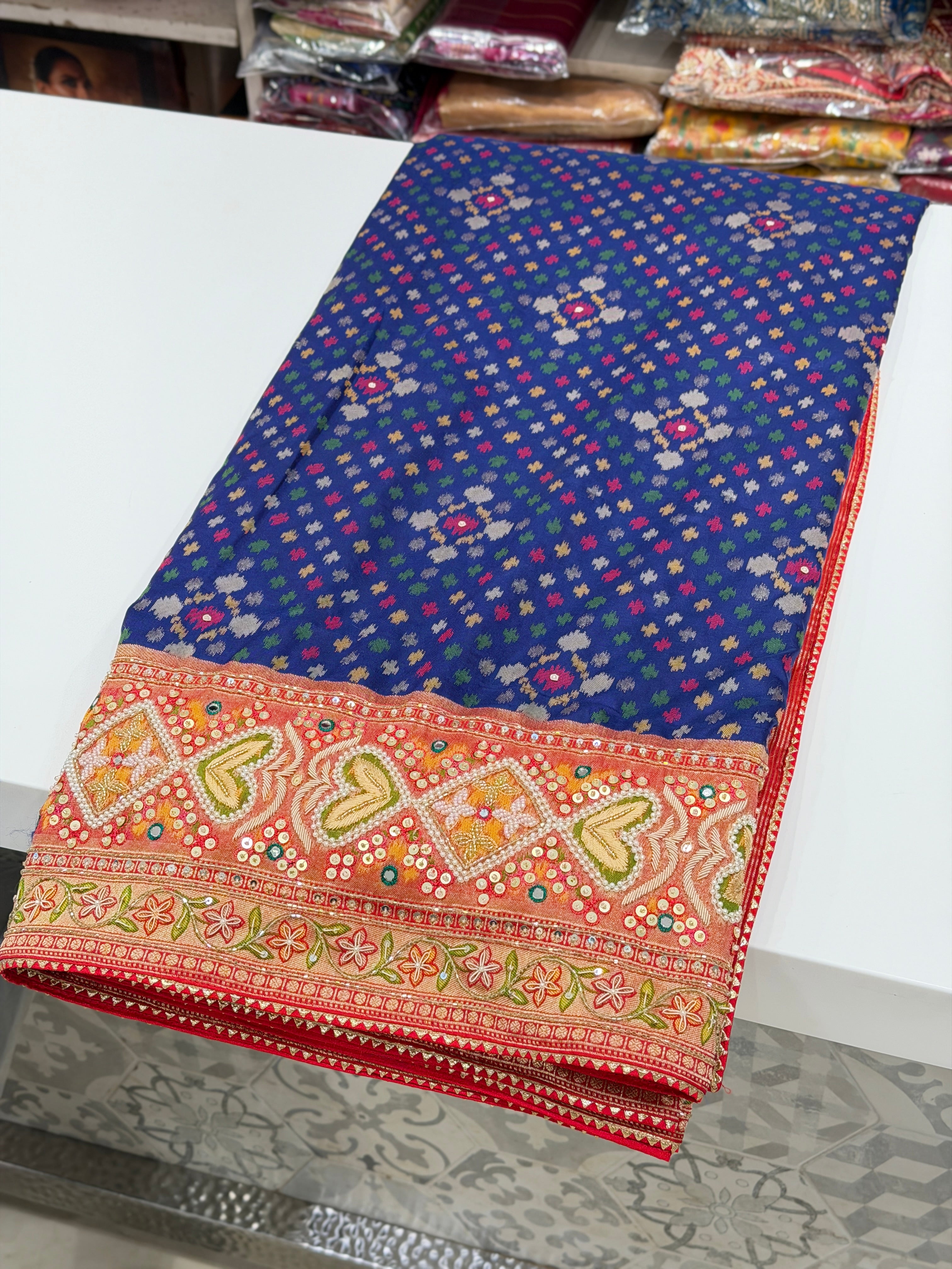 Blue Patola Ikat Weave Hand Embroidery Zardosi Kidiya Moti Hand Embroidery Saree