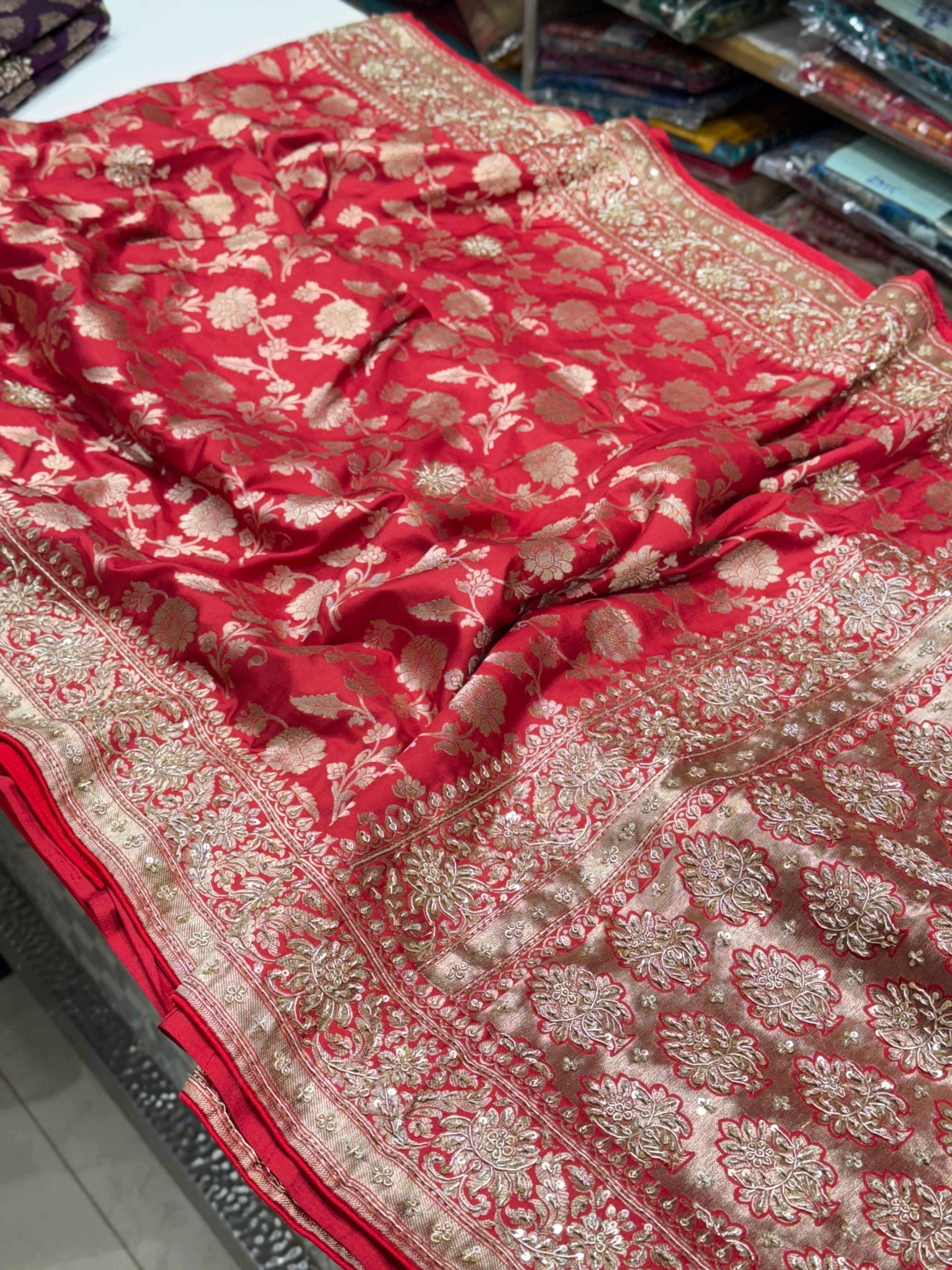 Red Banarasi Handloom Katan Embroidery Saree