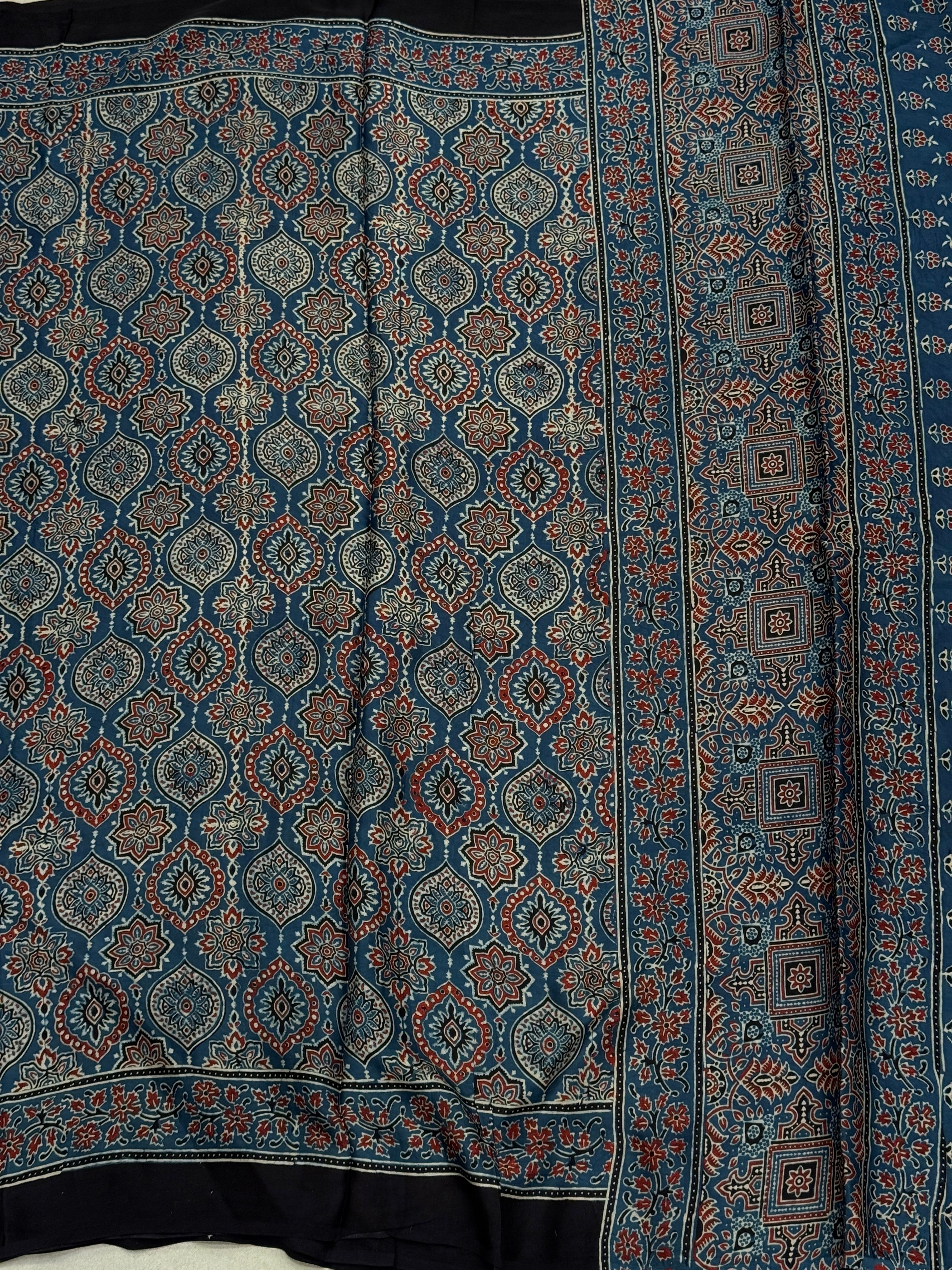 Blue Badam Jaal Ajrakh Block Print Hand Pure Gajji Silk Saree