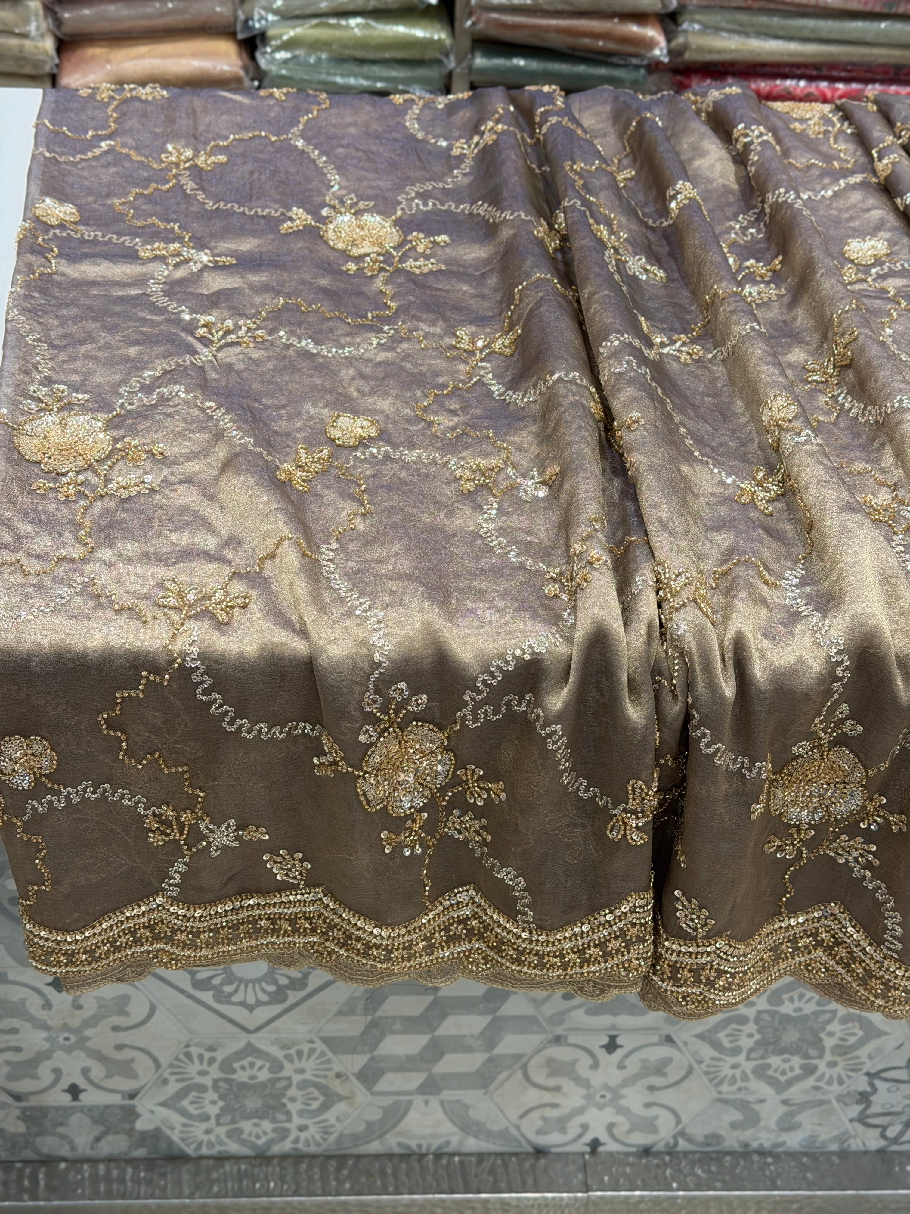 Dark Champagne Soft Tissue Moti Embroidery Jaal Saree