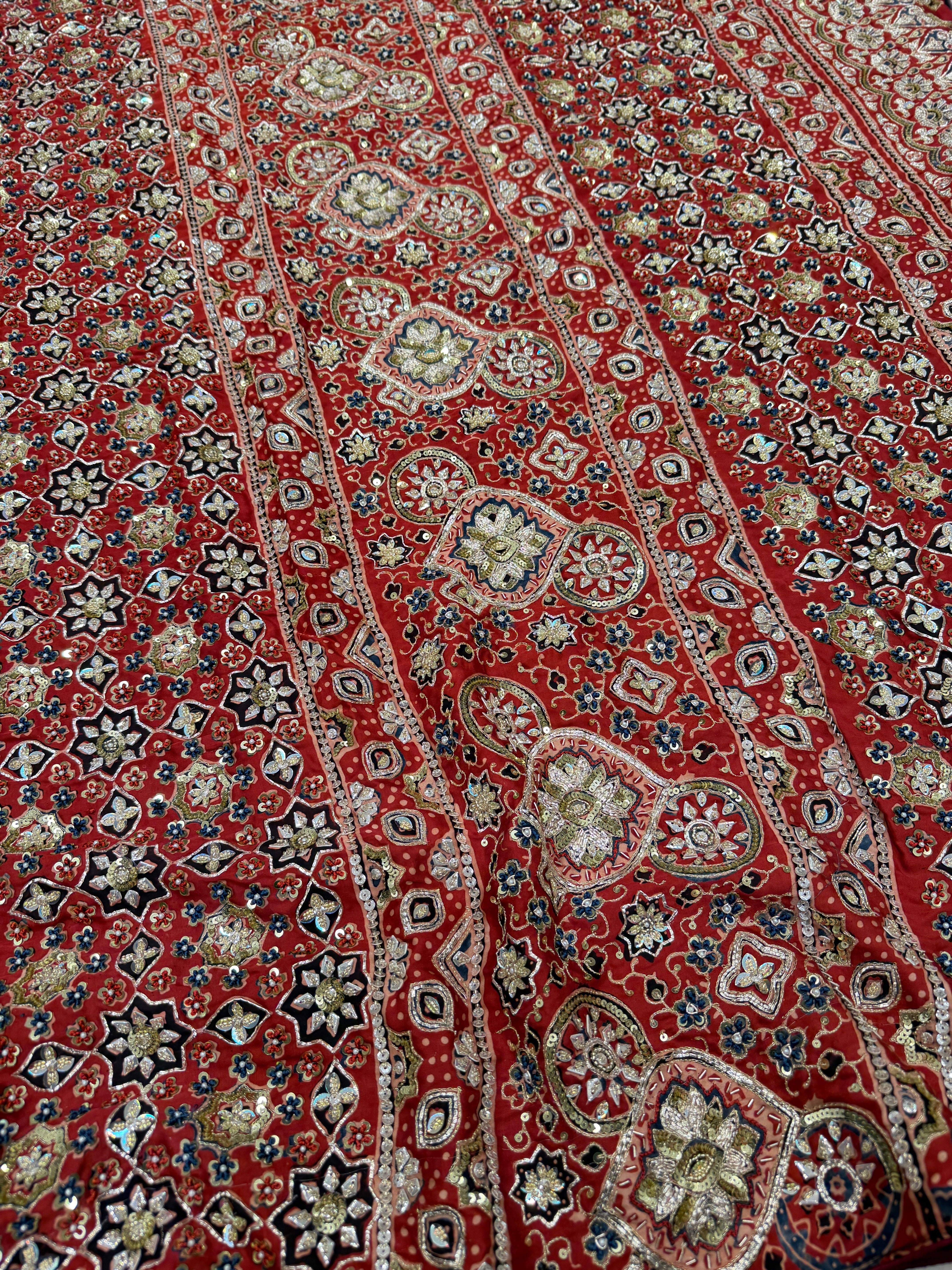 Blue Red Three Floral Butta Pita Zardosi Sequin Ajrakh Hand Embroidery Saree