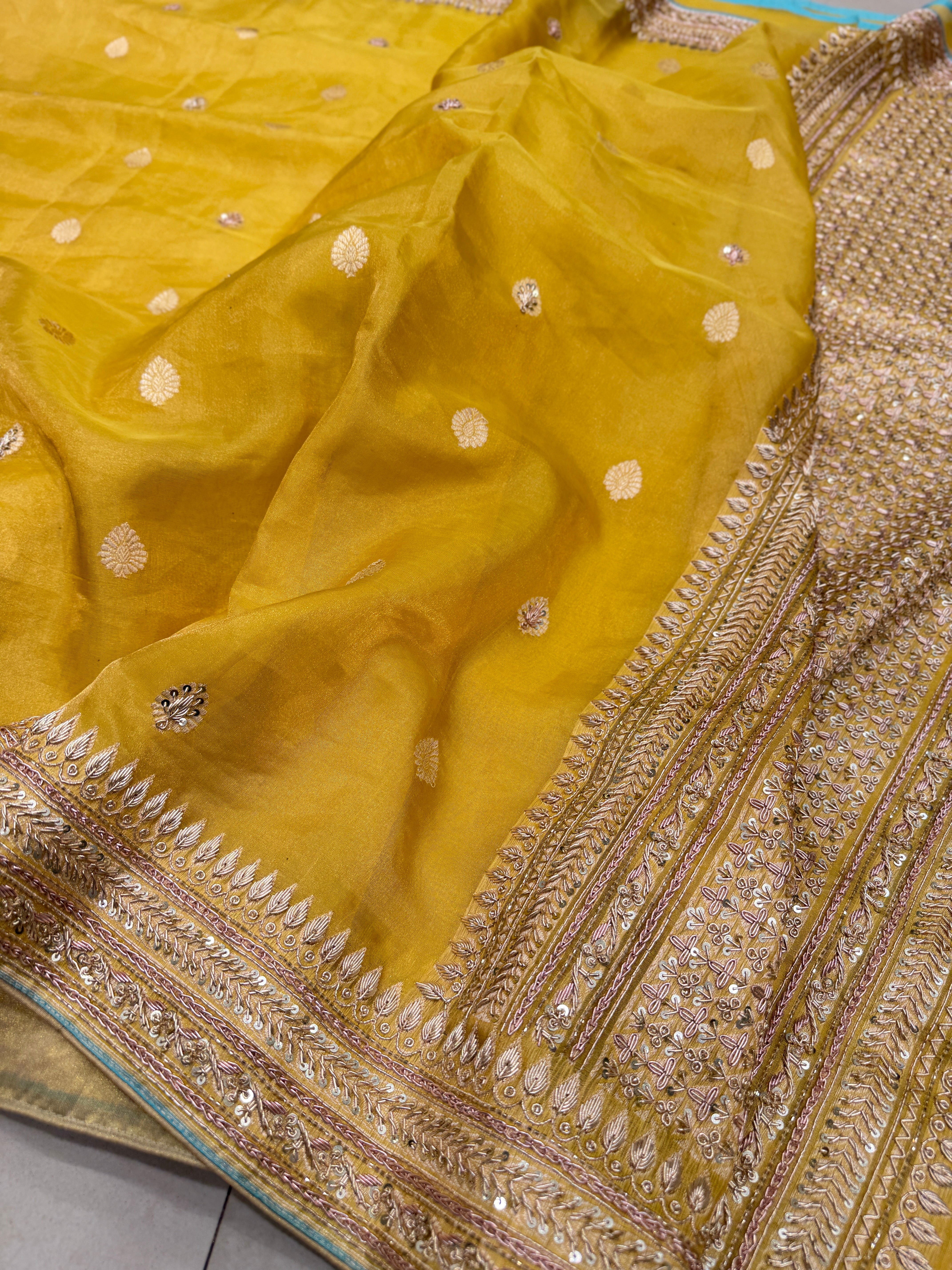 Yellow Banarasi Tissue Handloom Kadwa Weave Zardosi Embroidery Saree