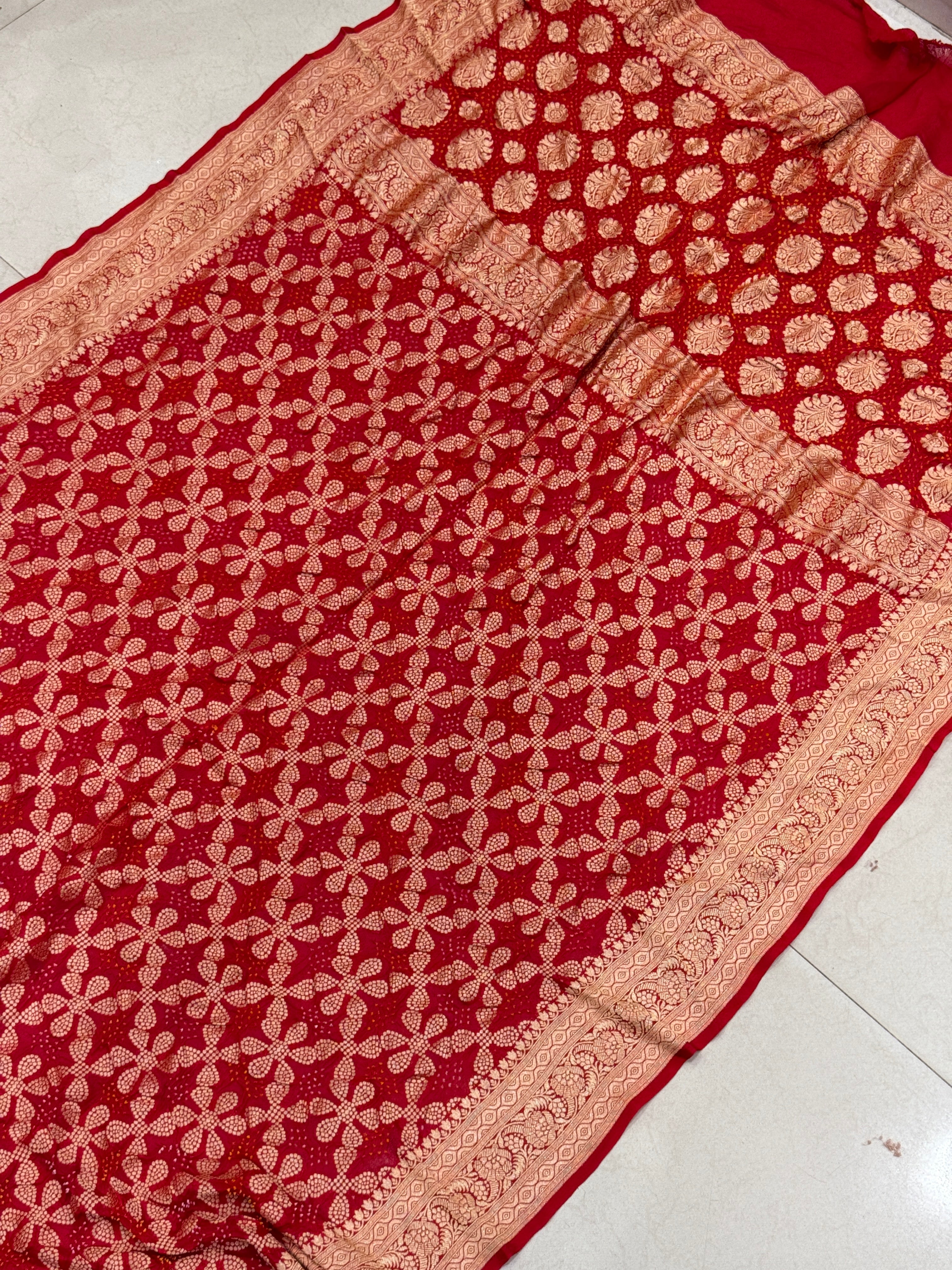 Red Five Petals Bandhej Bandhini Saree