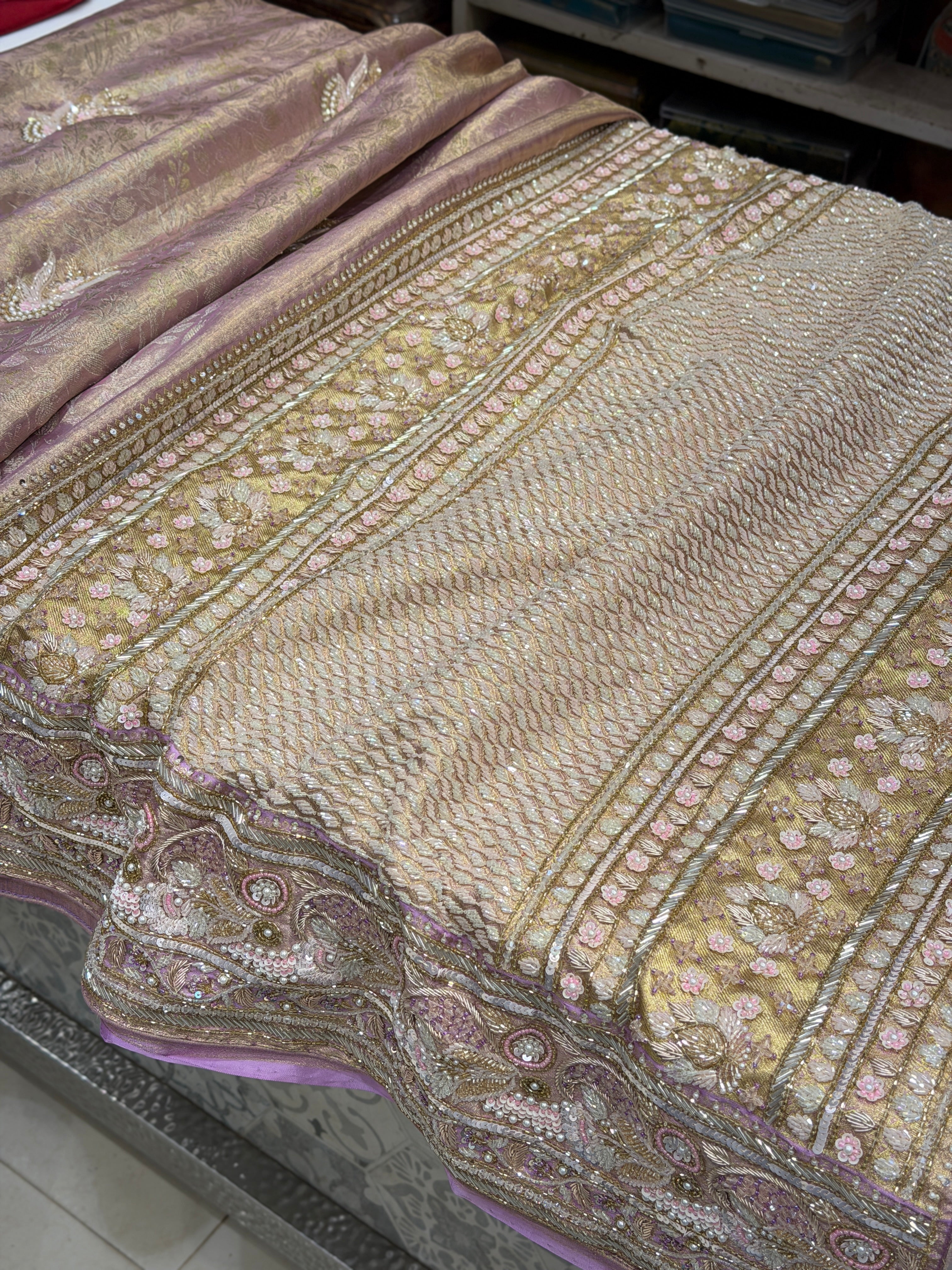 Lilac Floral Tissue Kanjivaram Hand Embroidery Saree