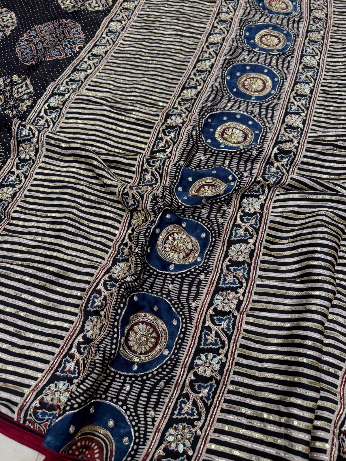 Black Dot Buttas Ajrakh Sequin Moti Hand Embroidery Saree