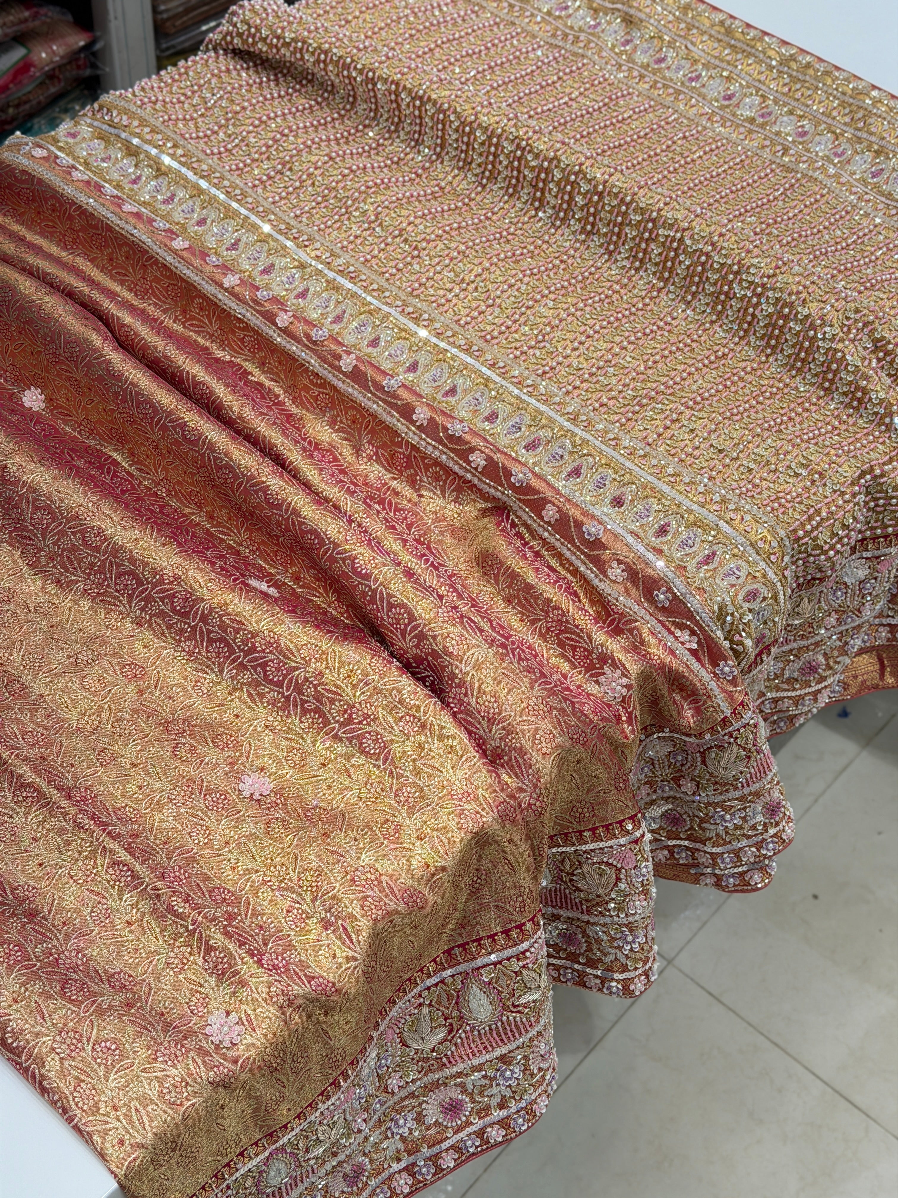 Rani Pink Golden Tissue Kanjivaram Moti Zardosi Hand Embroidery Saree
