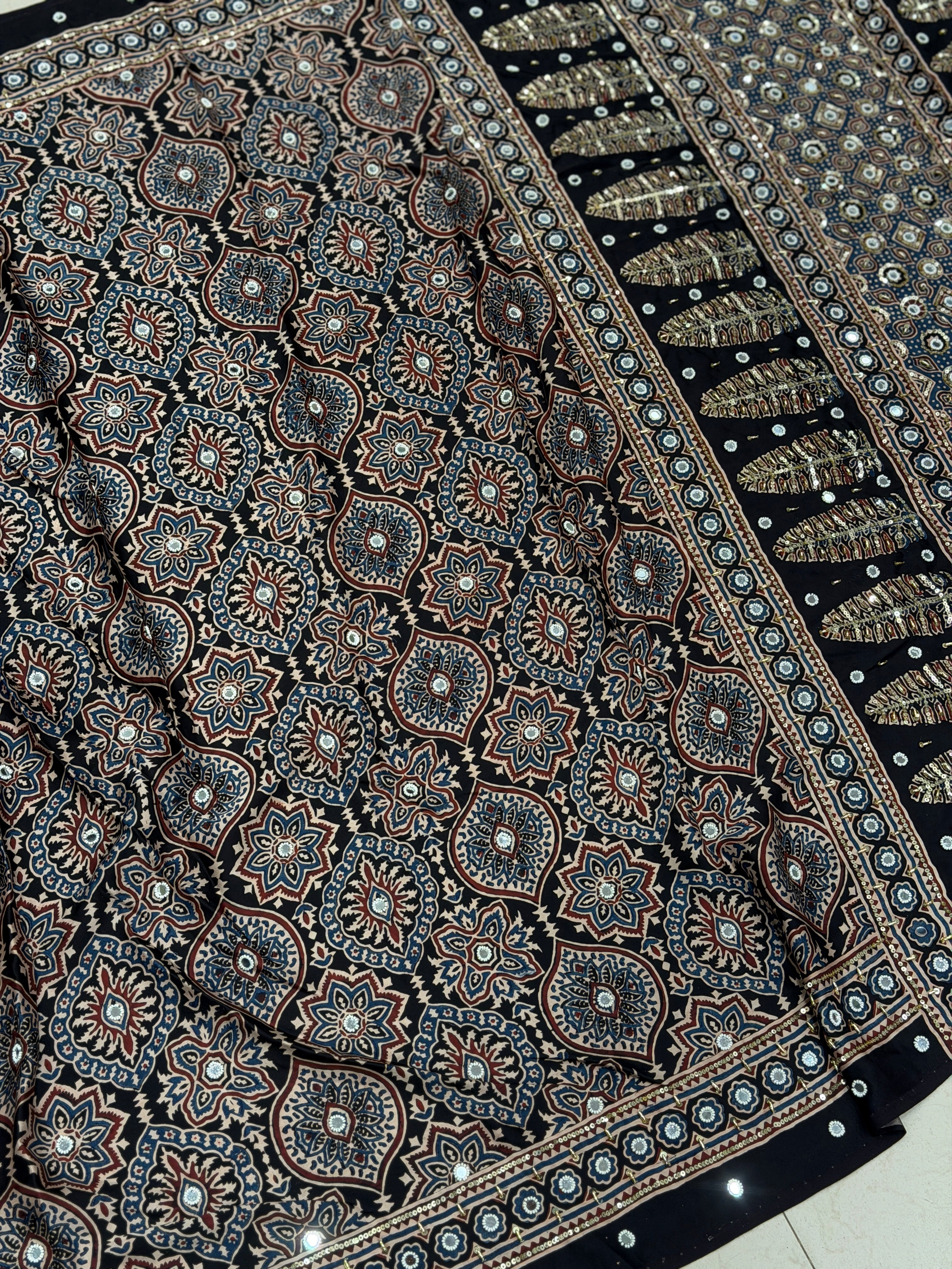 Black Badam Buttas Ajrakh Real Mirror Moti Sequin Hand Embroidery Saree