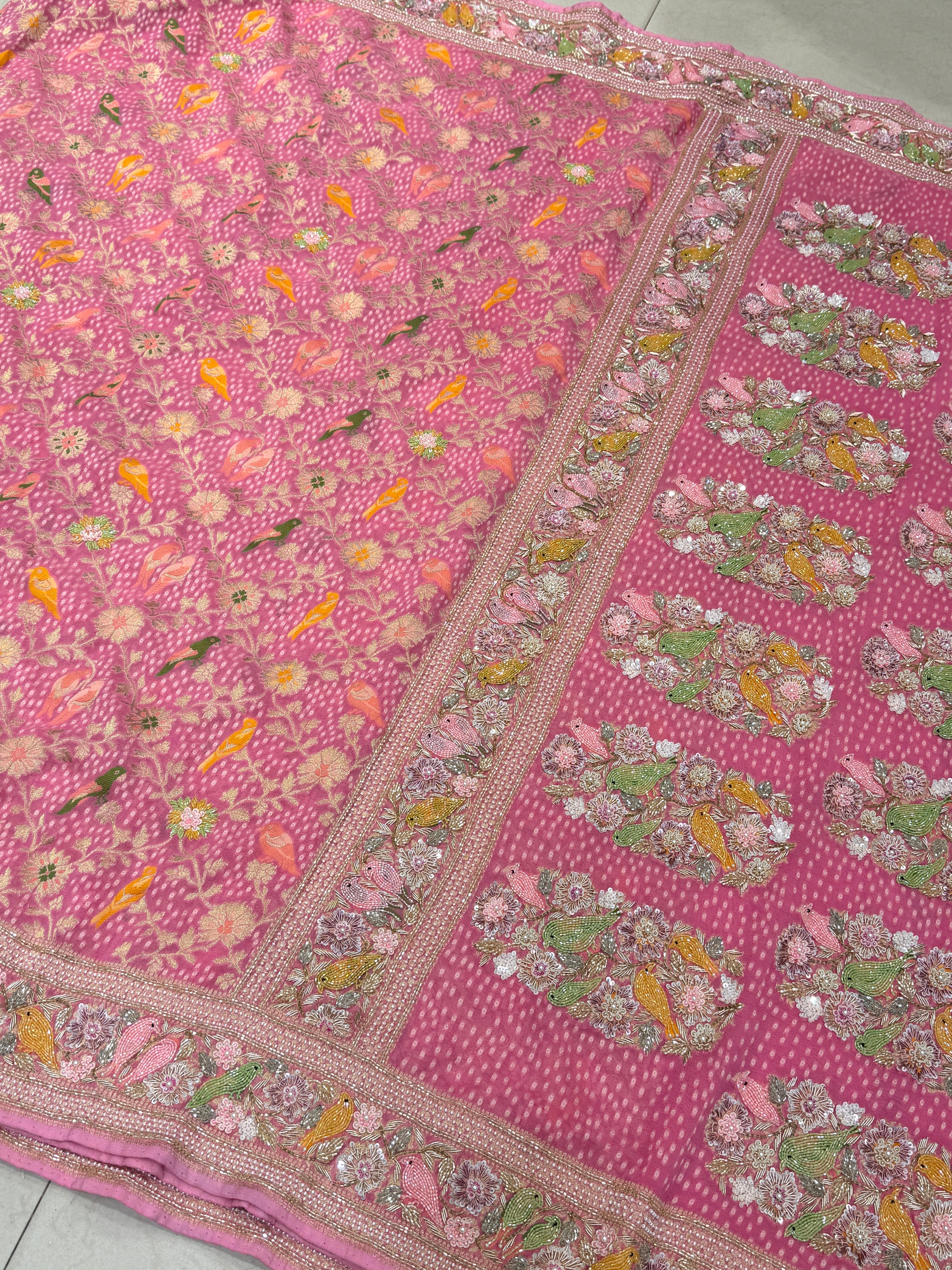 Pink Weaved Bandhej Parrot Motifs Georgette Moti Zardodi Hand Embroidery Saree