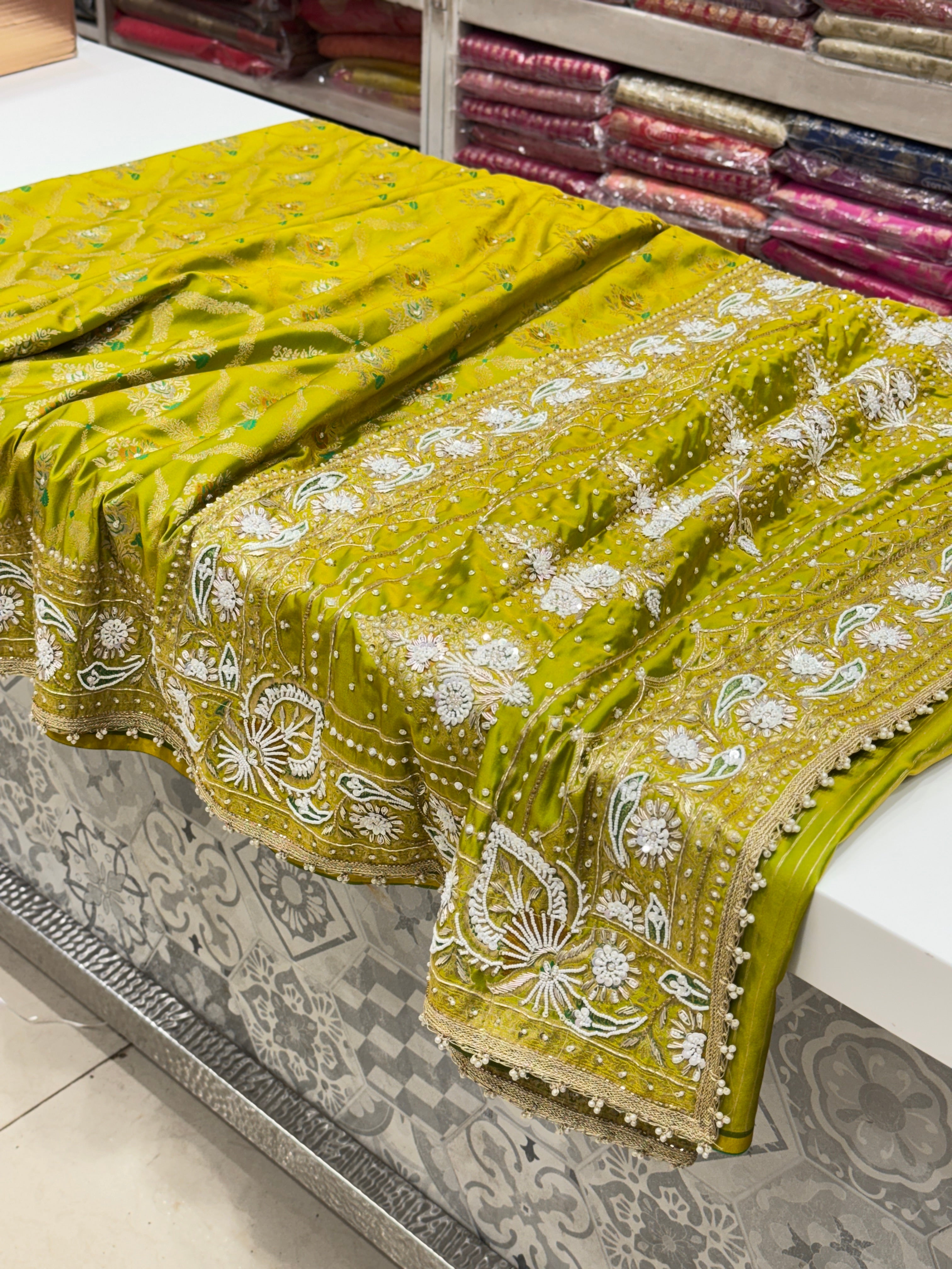 Green Banarasi With Moti Hand Embroidery Saree