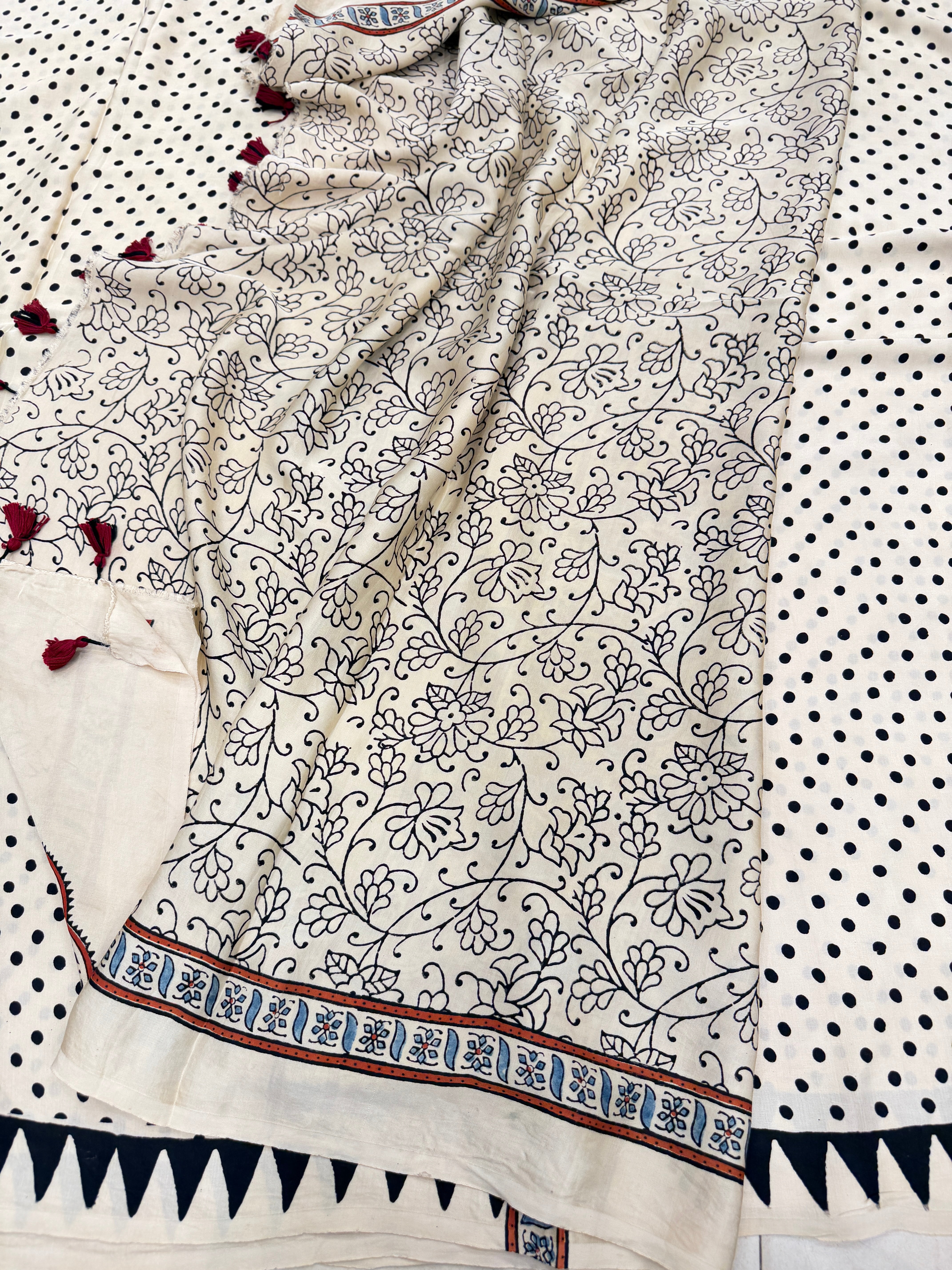 White Polka Dot Ajrakh Hand Block Print Pure Gajji Silk Saree