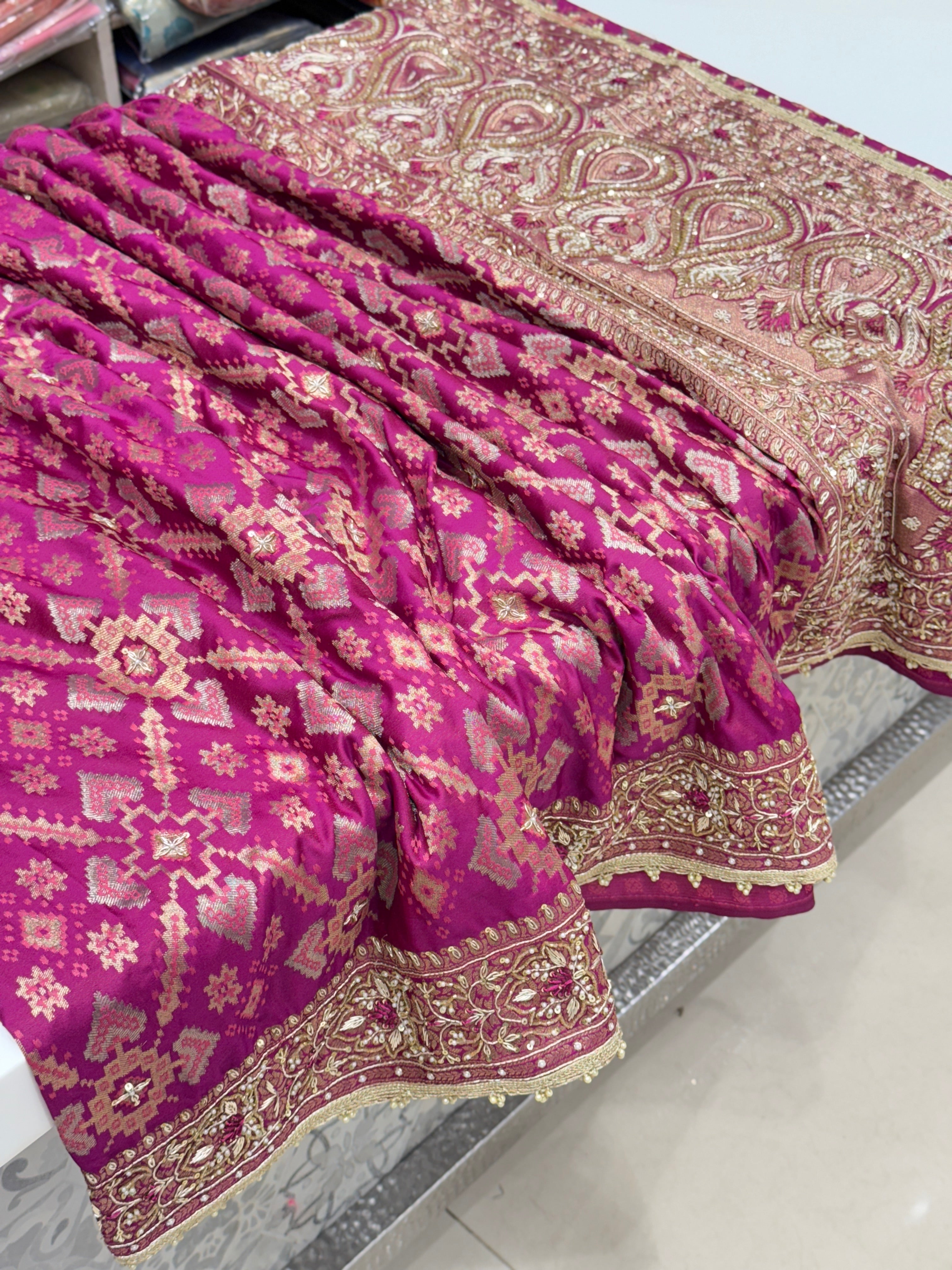Wine Banarasi Patola Zardosi Knot Embroidery Saree