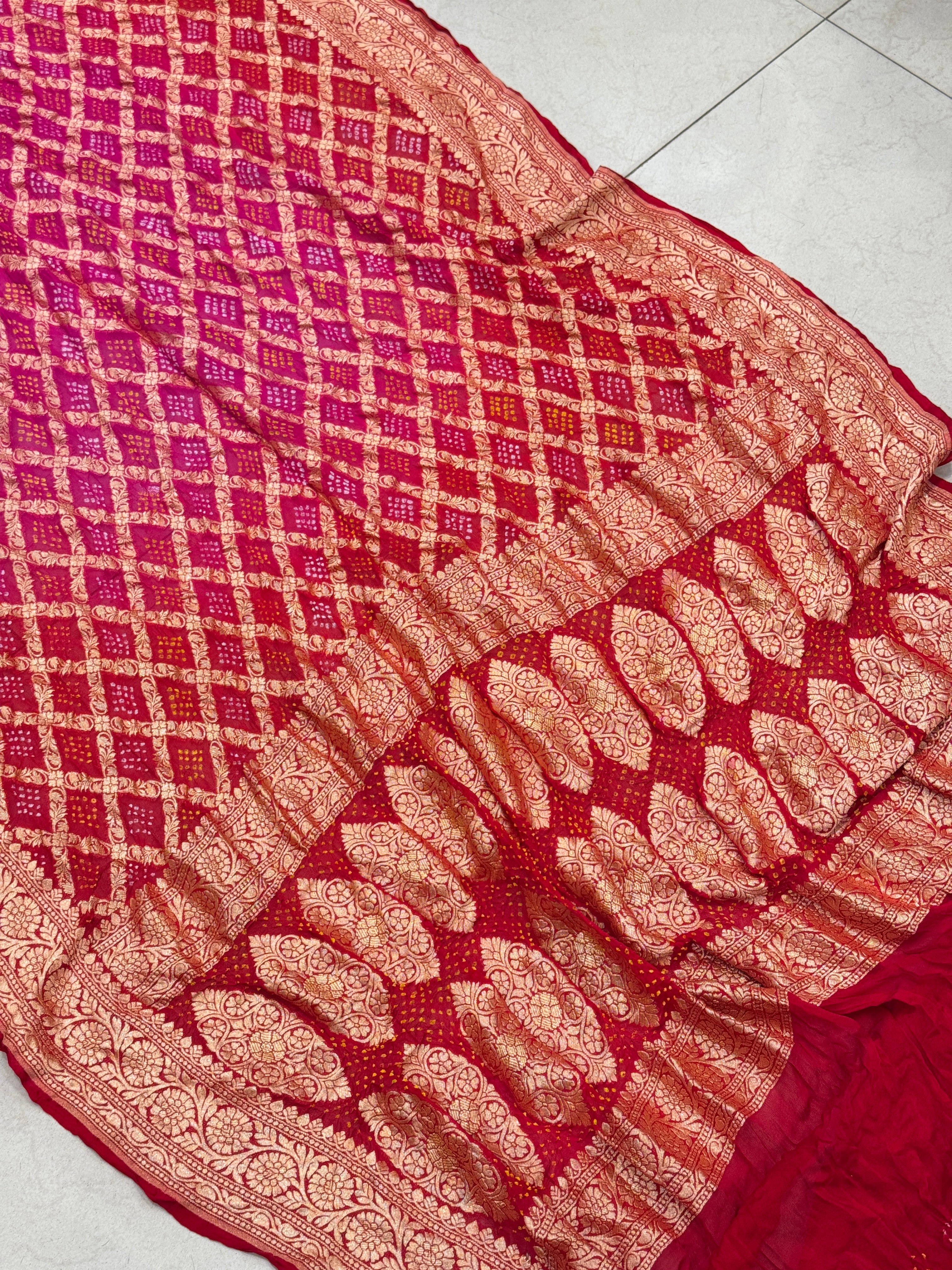 Red Rani Shaded Bandhej Bandhini Saree