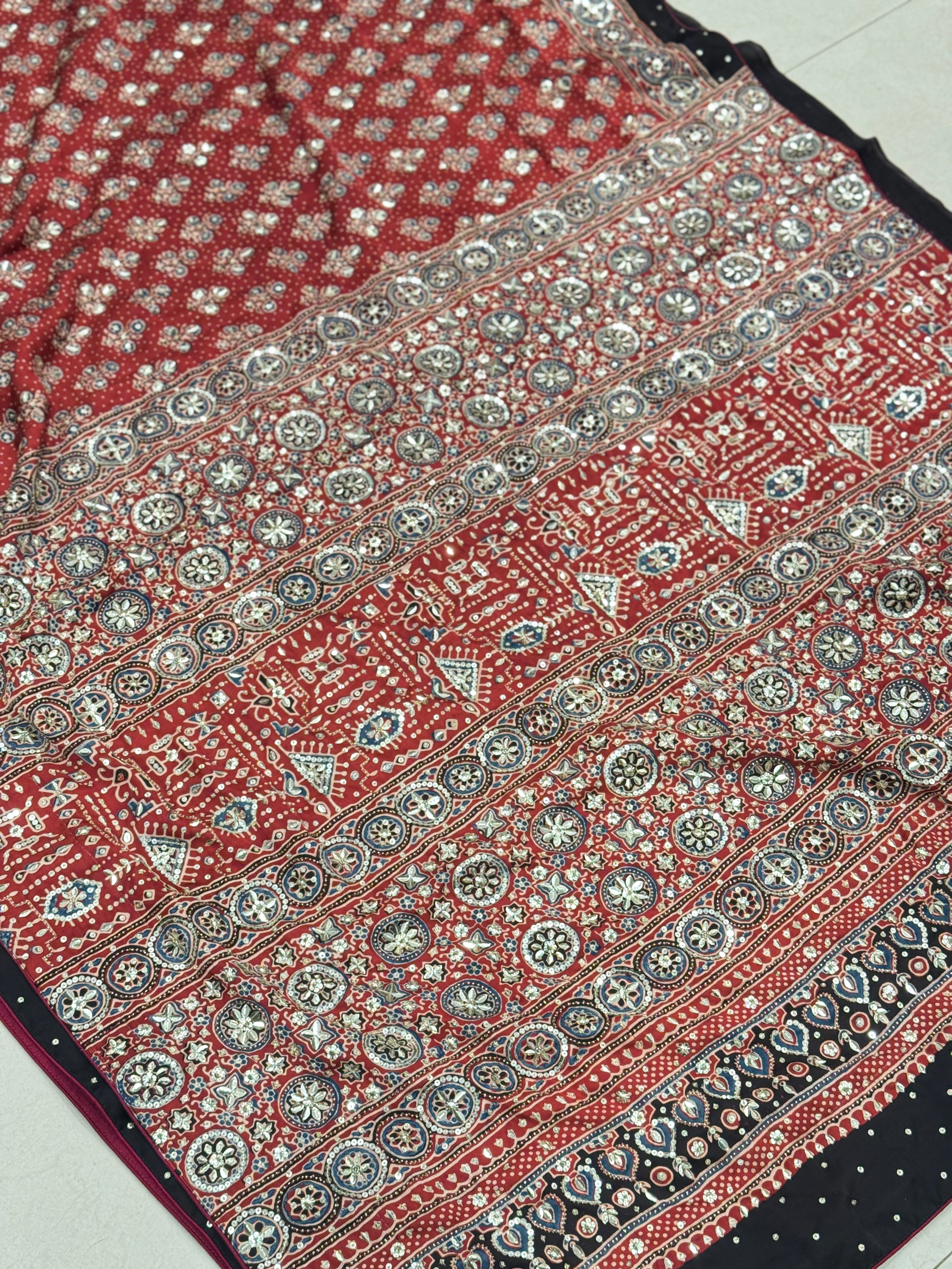 Red Ajrakh Buttas Sequin Moti Hand Embroidery Saree