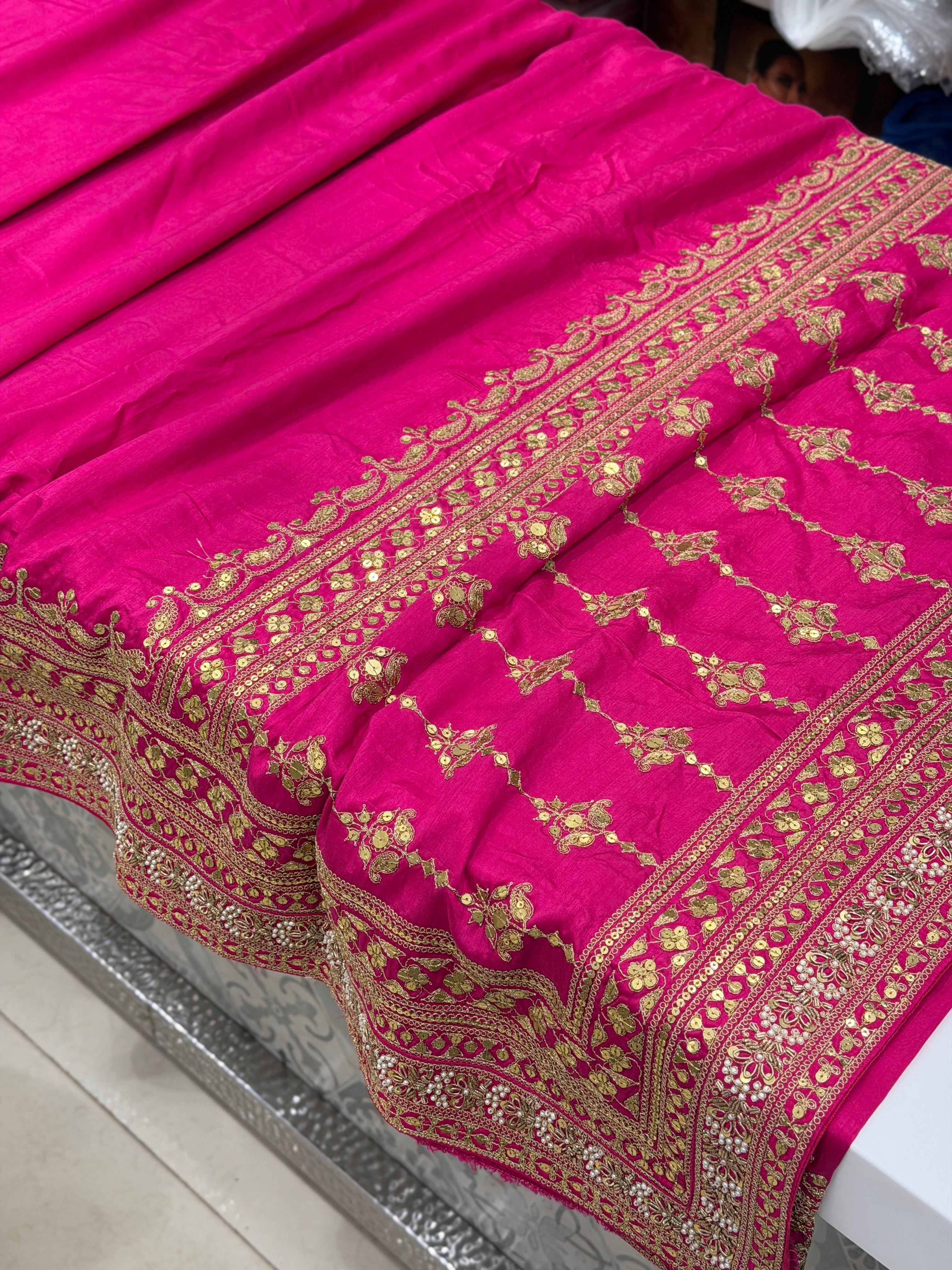 Rani Pink Sabyasachi Inspired Marodi Jaal Pallu Embroidery Pure Silk Saree