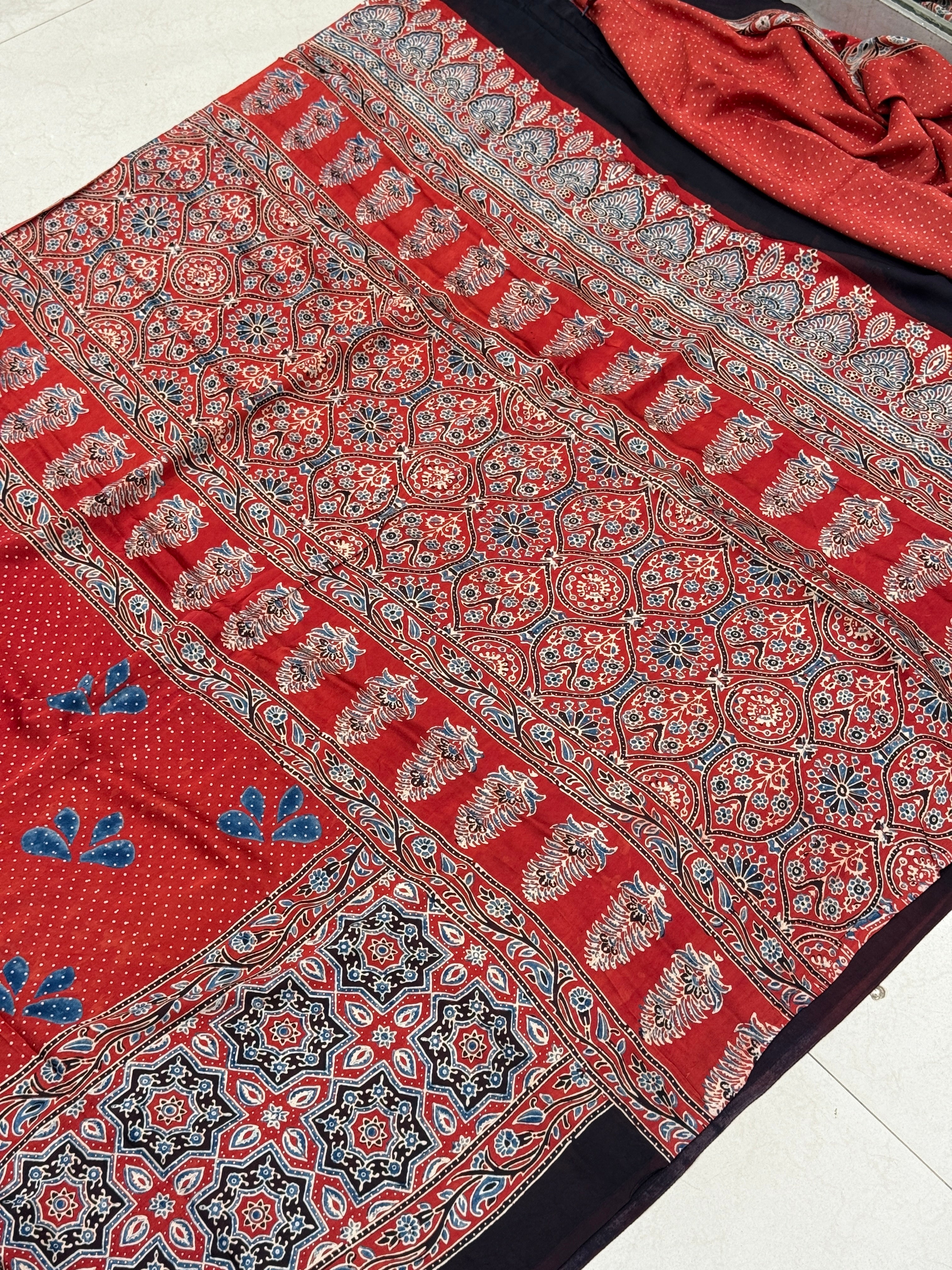 Red Makhi Butti Ajrakh Modal Gajji Silk Saree