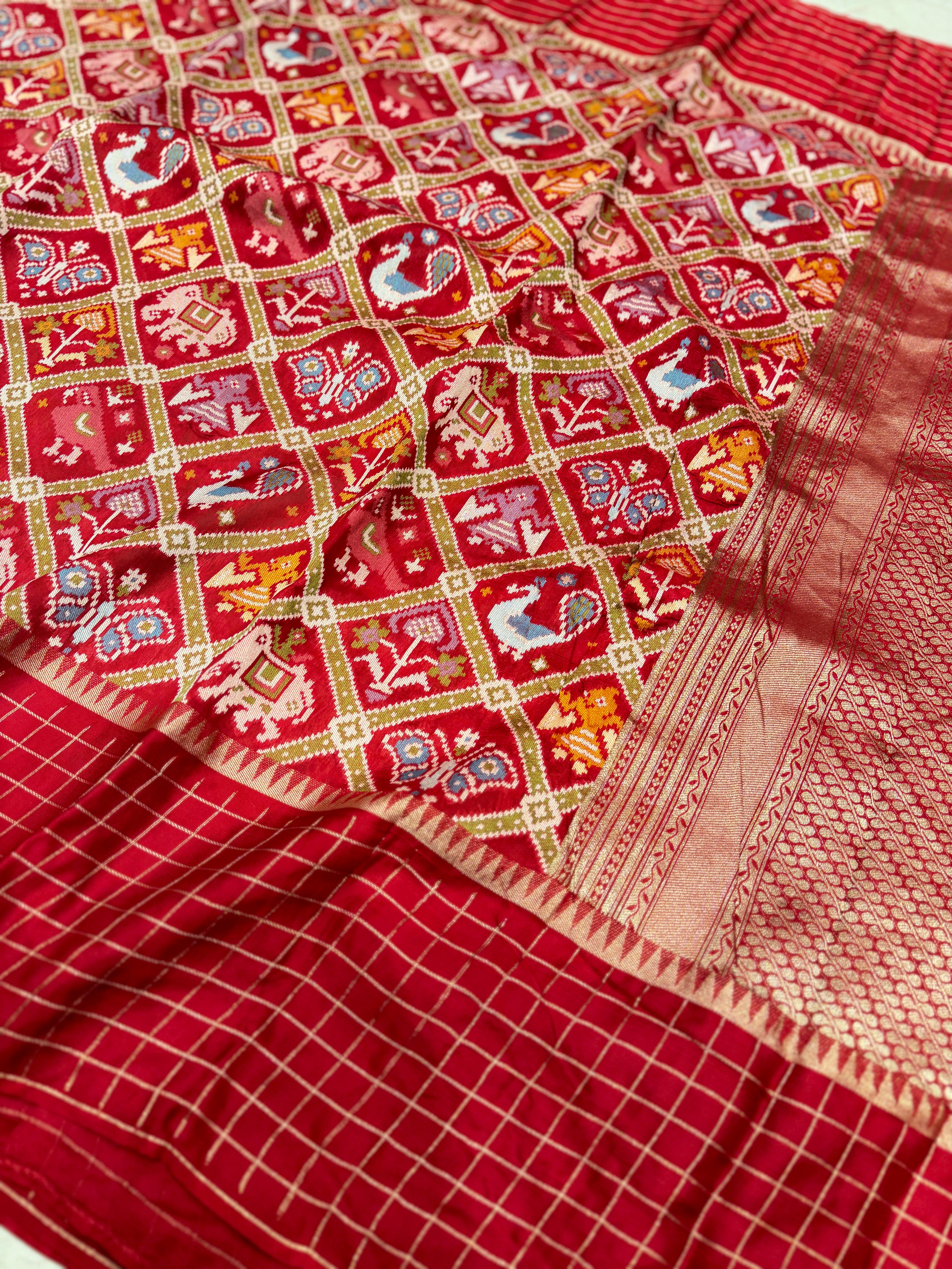Red Munga Silk Patola Kanchi Style Checkered Border Fusion Saree