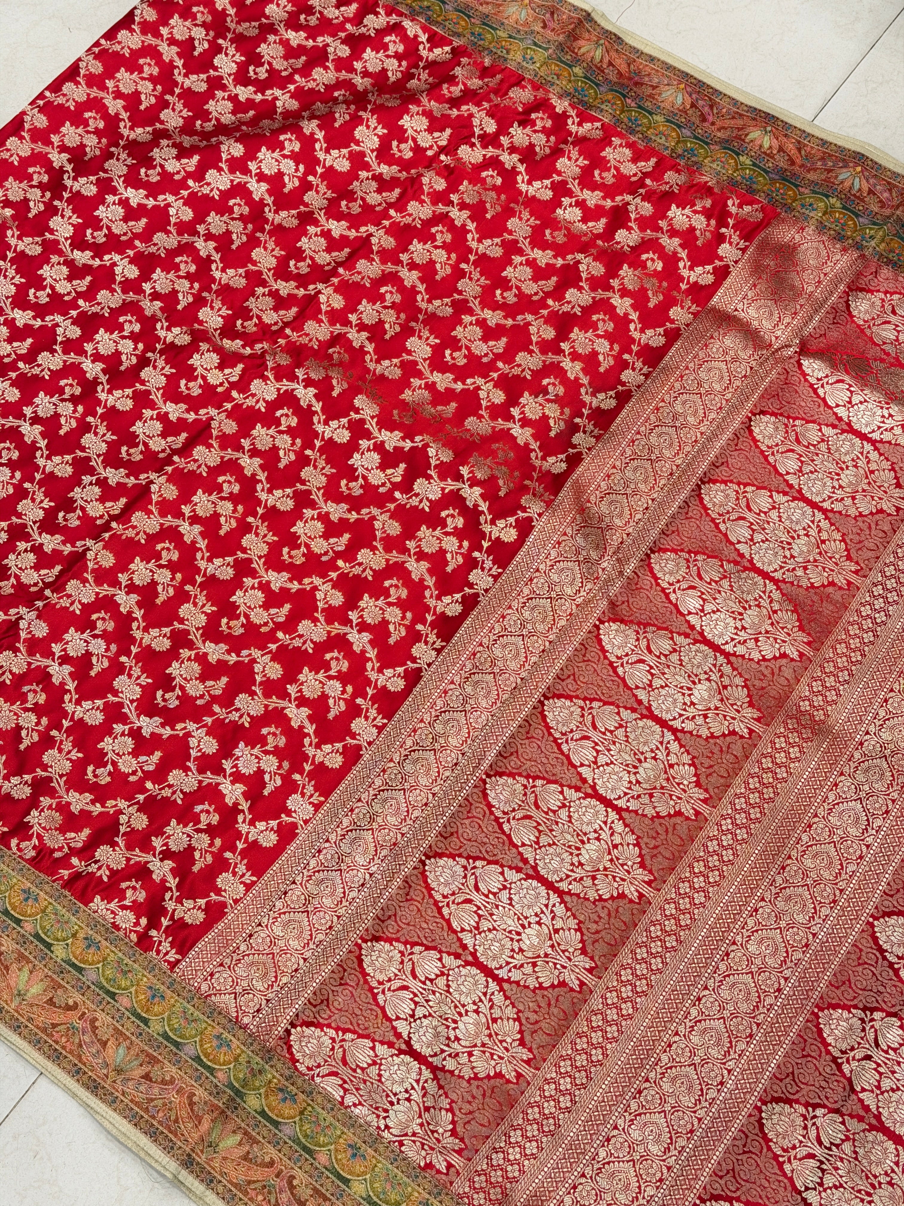 Red Fusion Banarasi Jaal Woven Silk Saree