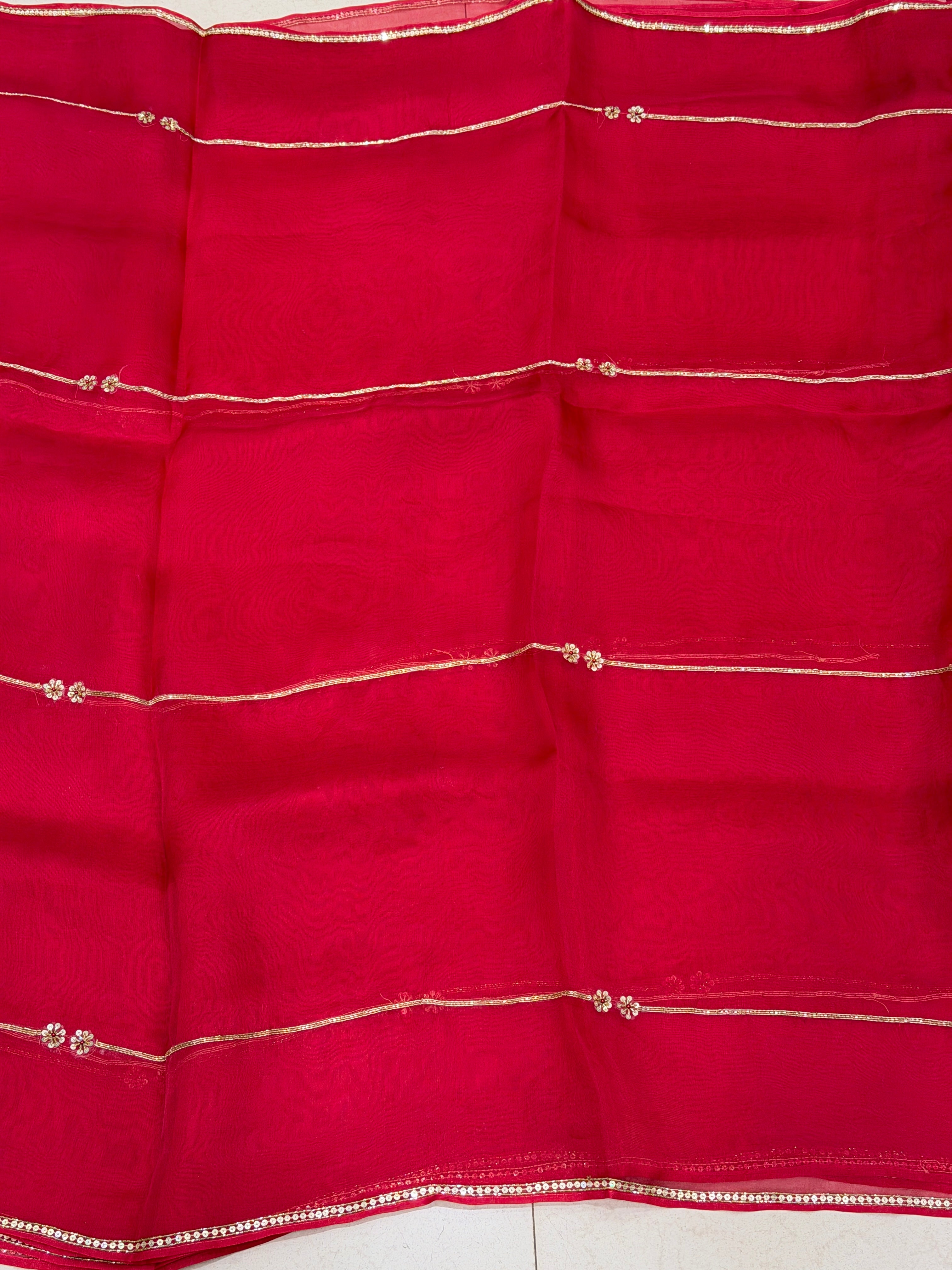 Red Pure Organza Raw Mango Inspired Contemporary Zardodi Moti Sequin Hand Embroidery Saree