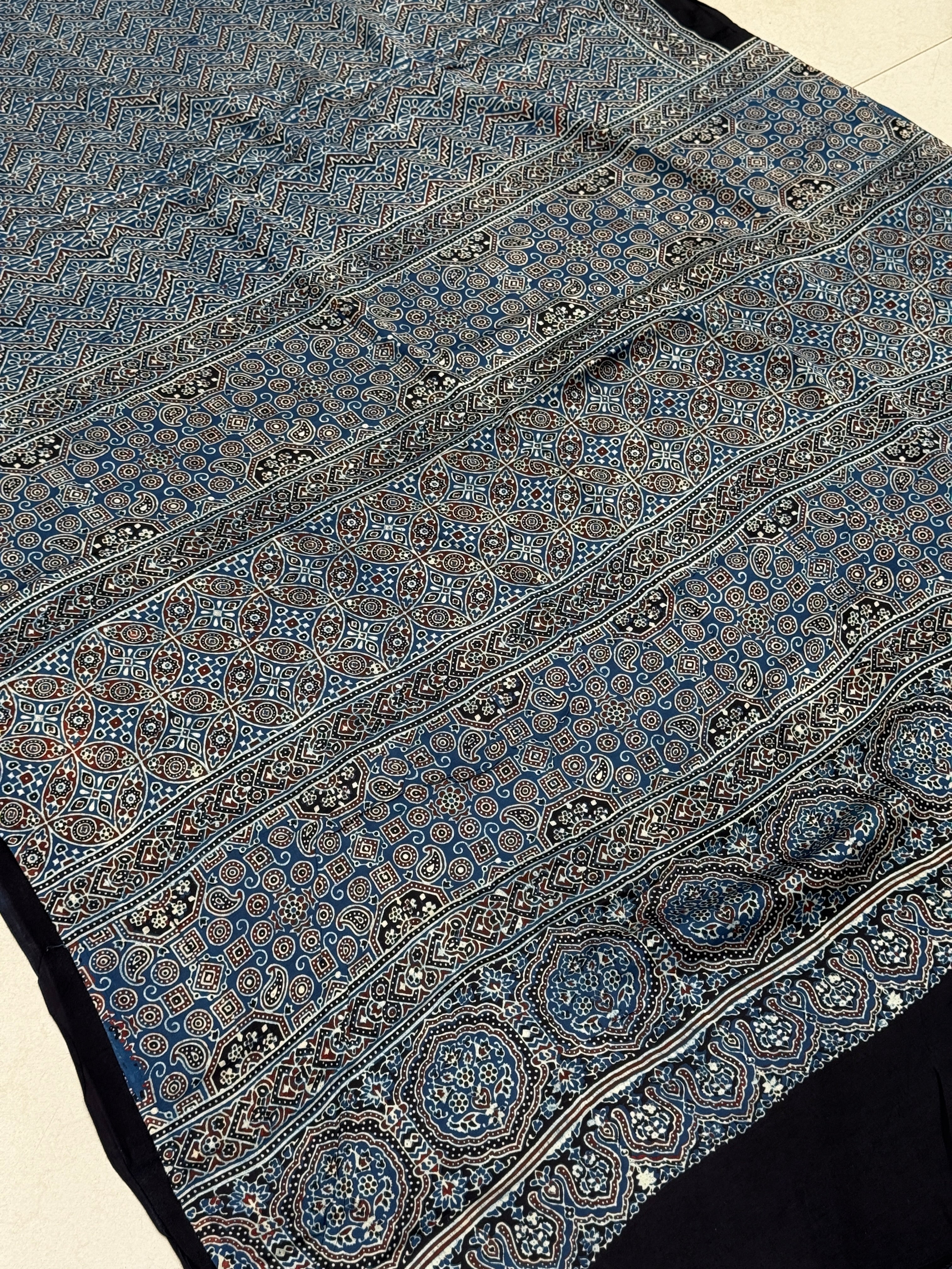 Blue Zig Zag Jaal Ajrakh Block Print Hand Pure Gajji Silk Saree