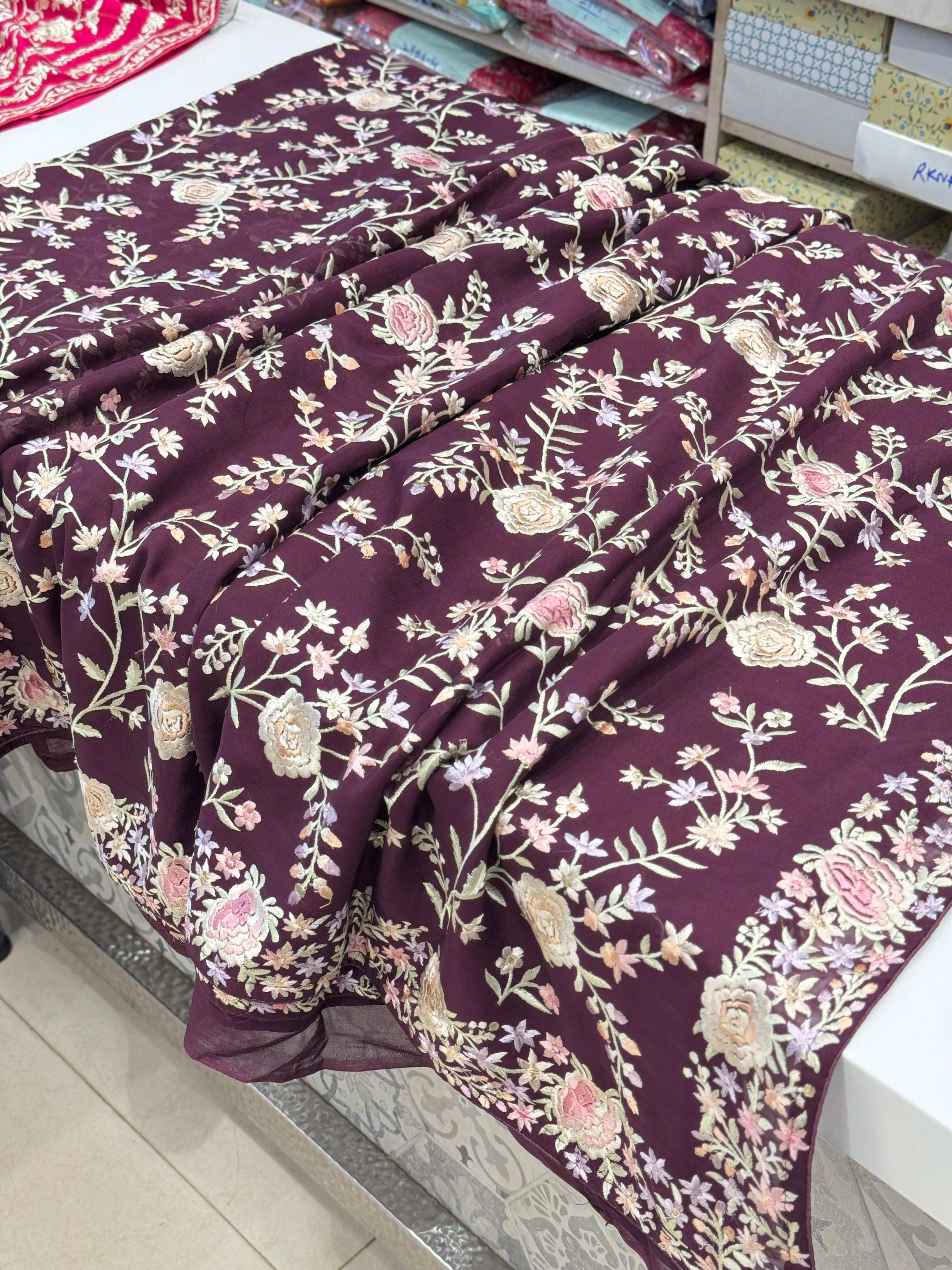 Wine Floral Parsi Gara Jaal Saree