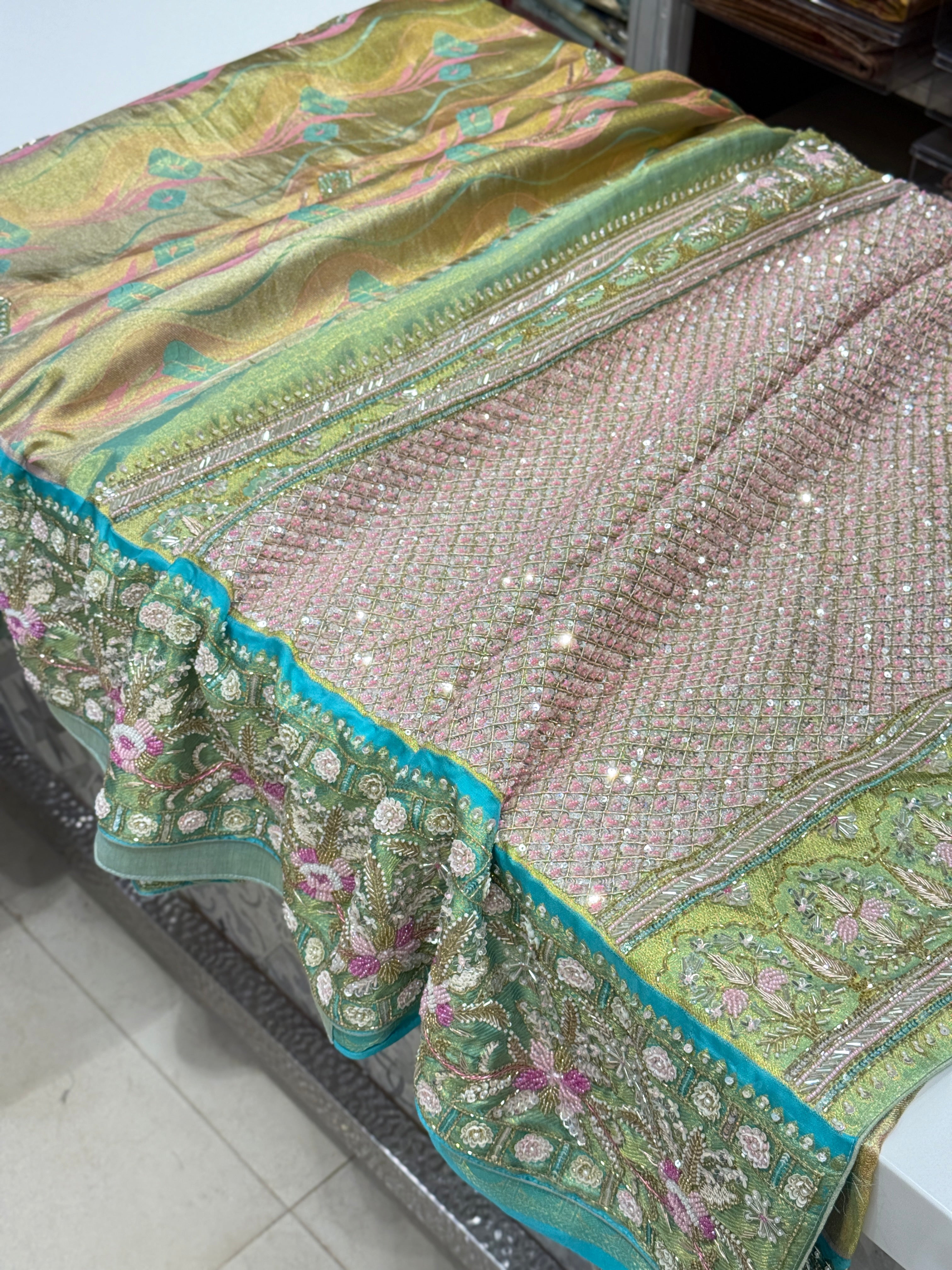 Green Meenakari Tissue Kanjivaram Hand Embroidery Saree