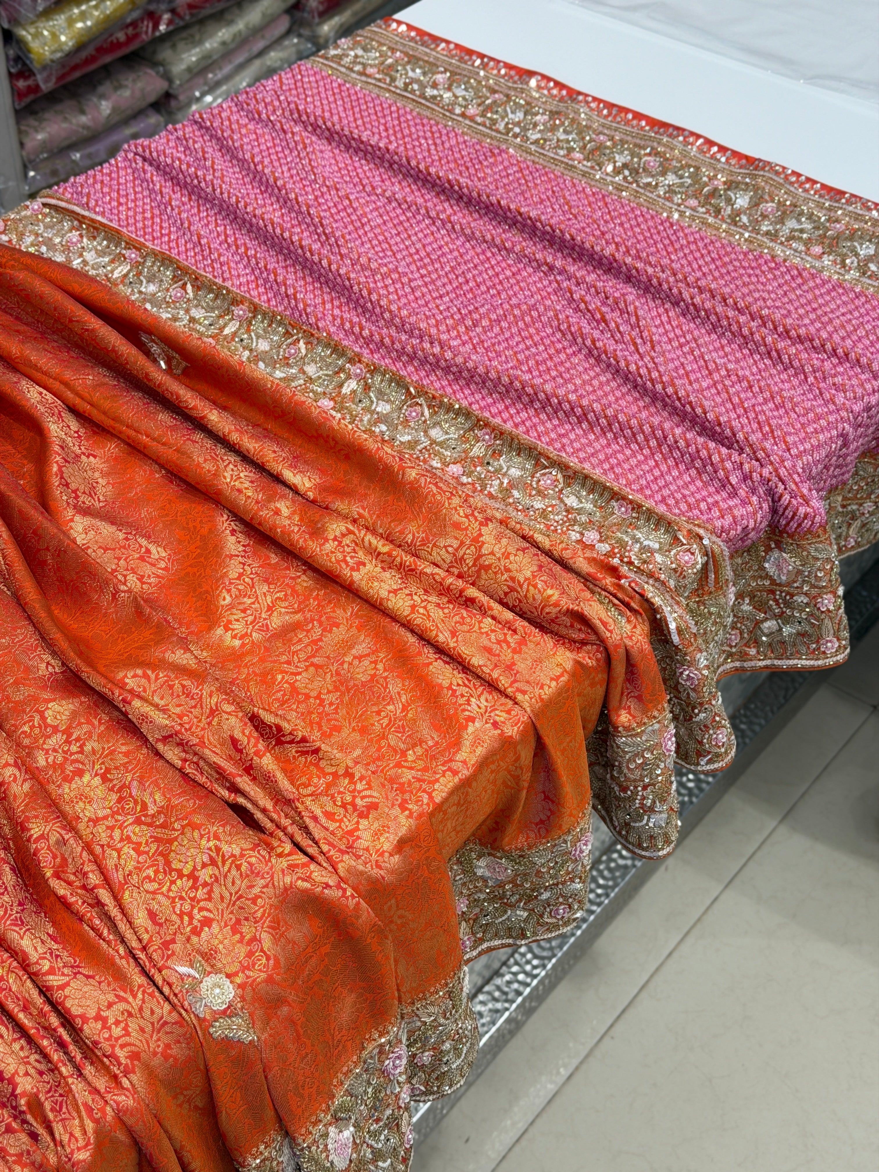 Orange Kanjivaram Elephant Motif Zardosi Moti Hand Embroidery Saree