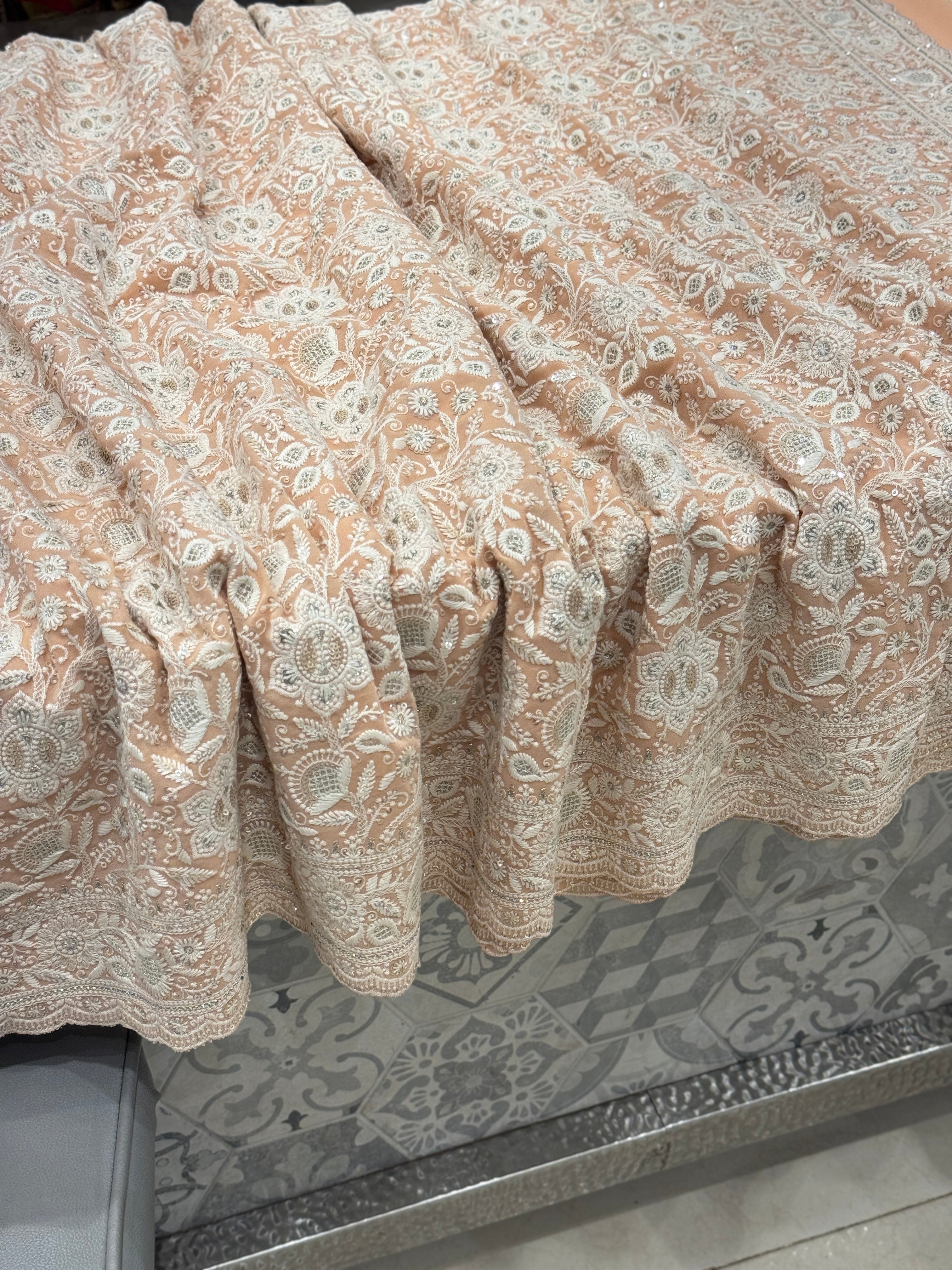 Peach Chikankari Small Scallop Design Saree