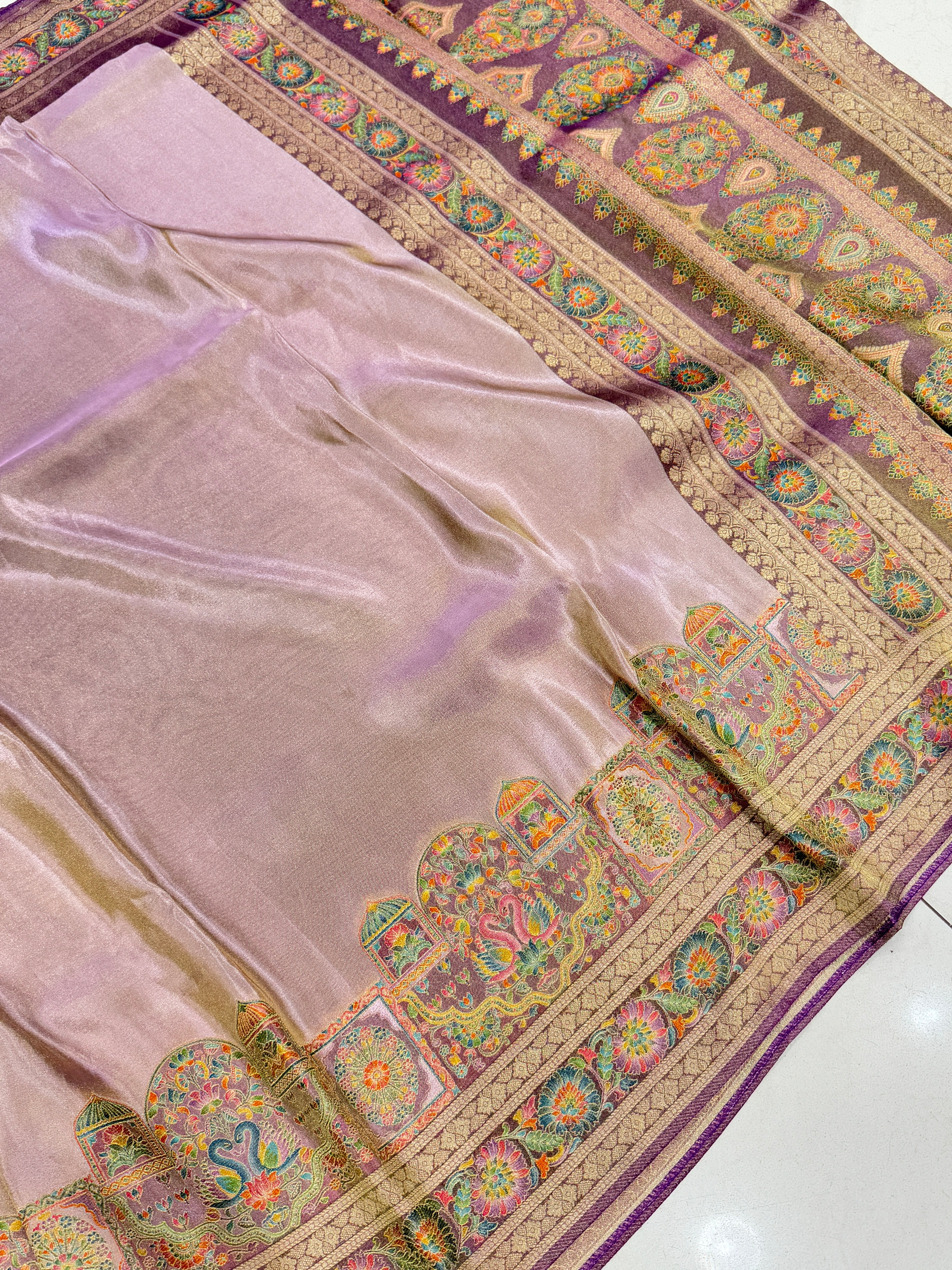 Lilac Crepe Tissue Gala Pashmina Saree